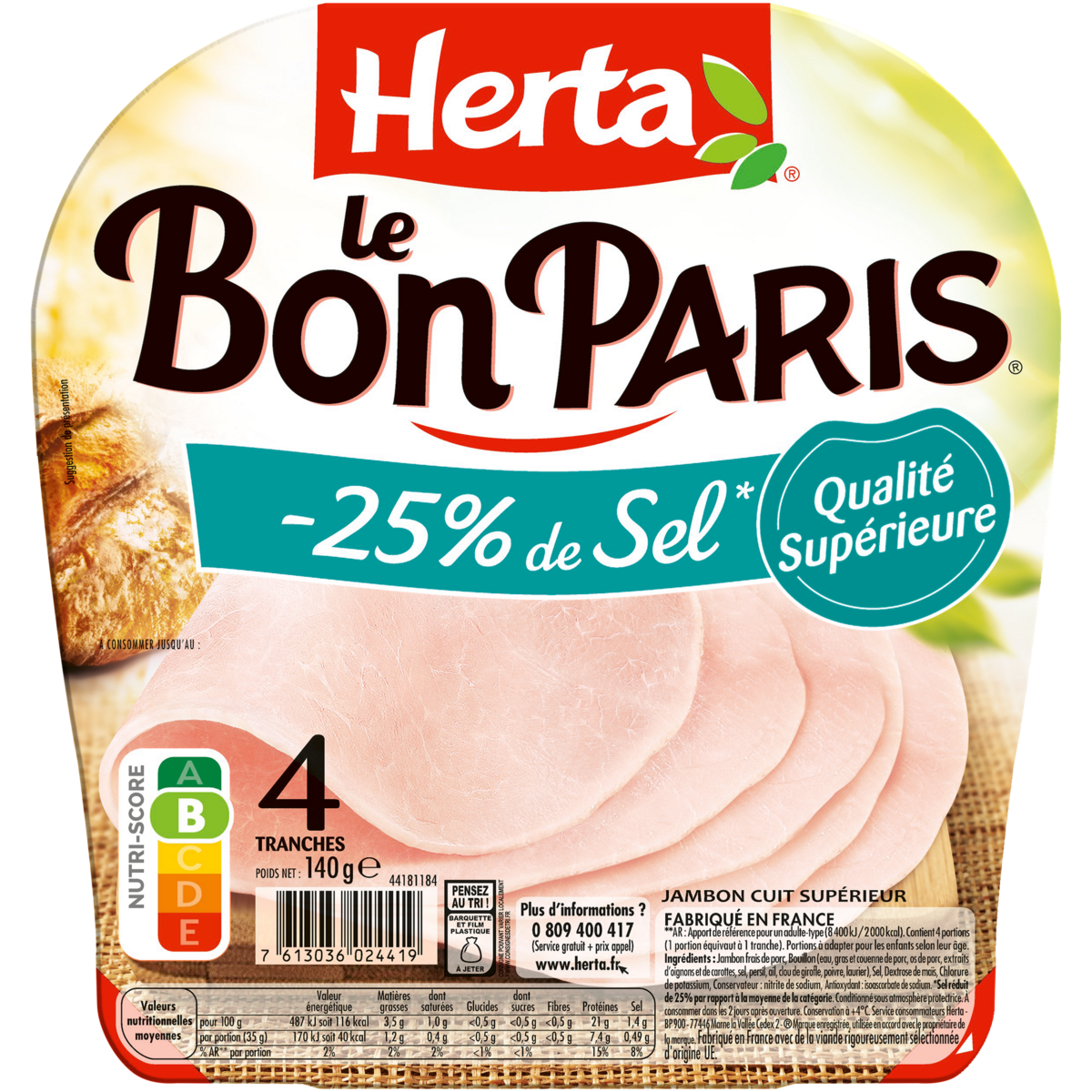 HERTA Jambon réduit en sel 4 tranches 140g