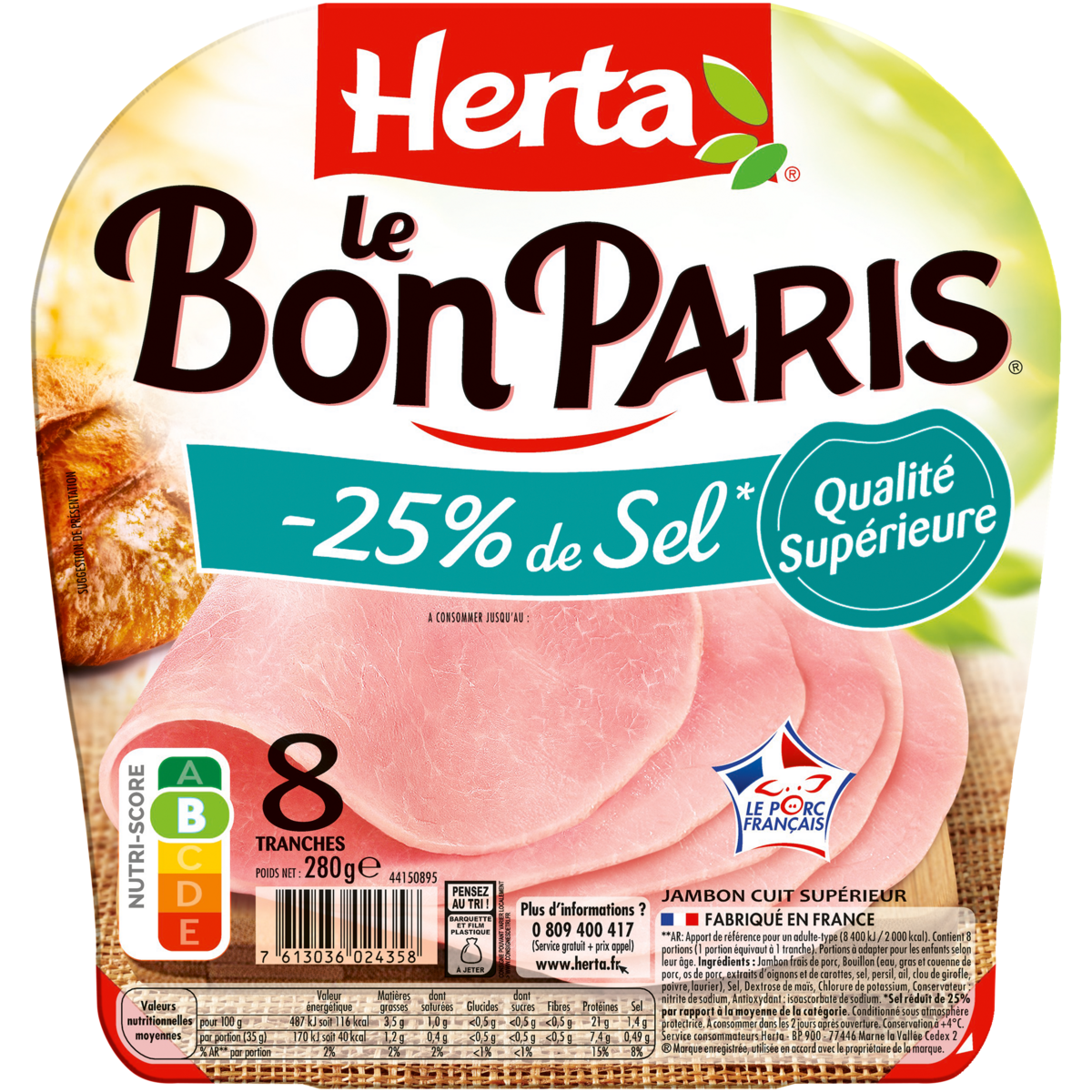 HERTA Jambon réduit en sel 8 tranches 280g