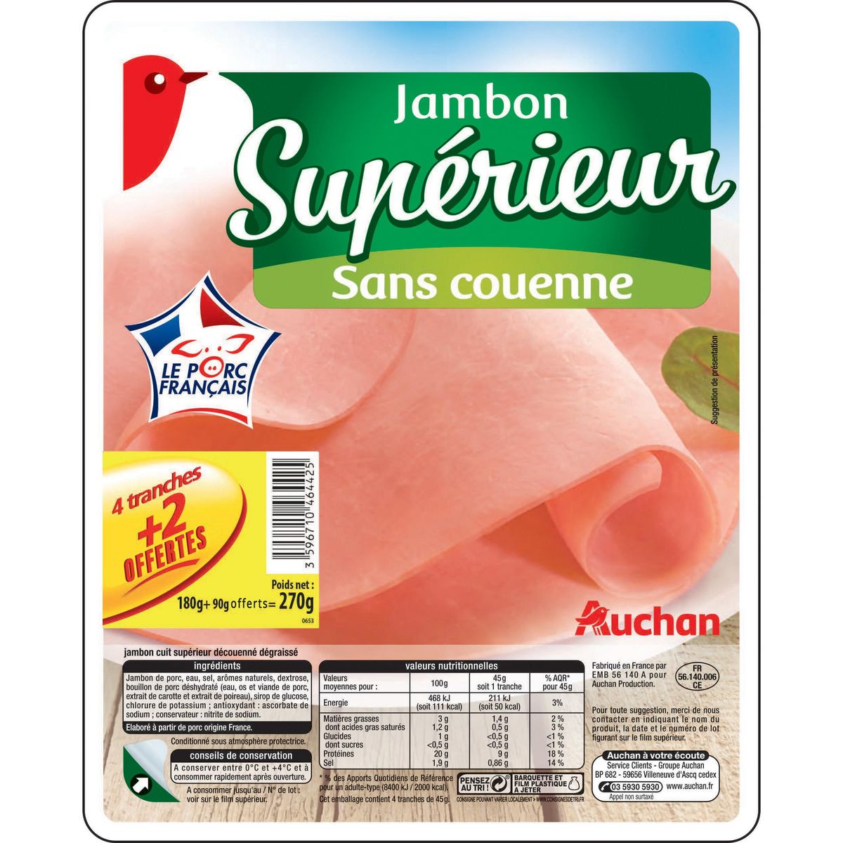 AUCHAN Jambon cuit supérieur découenné dégraissé 4+2 offertes 270g