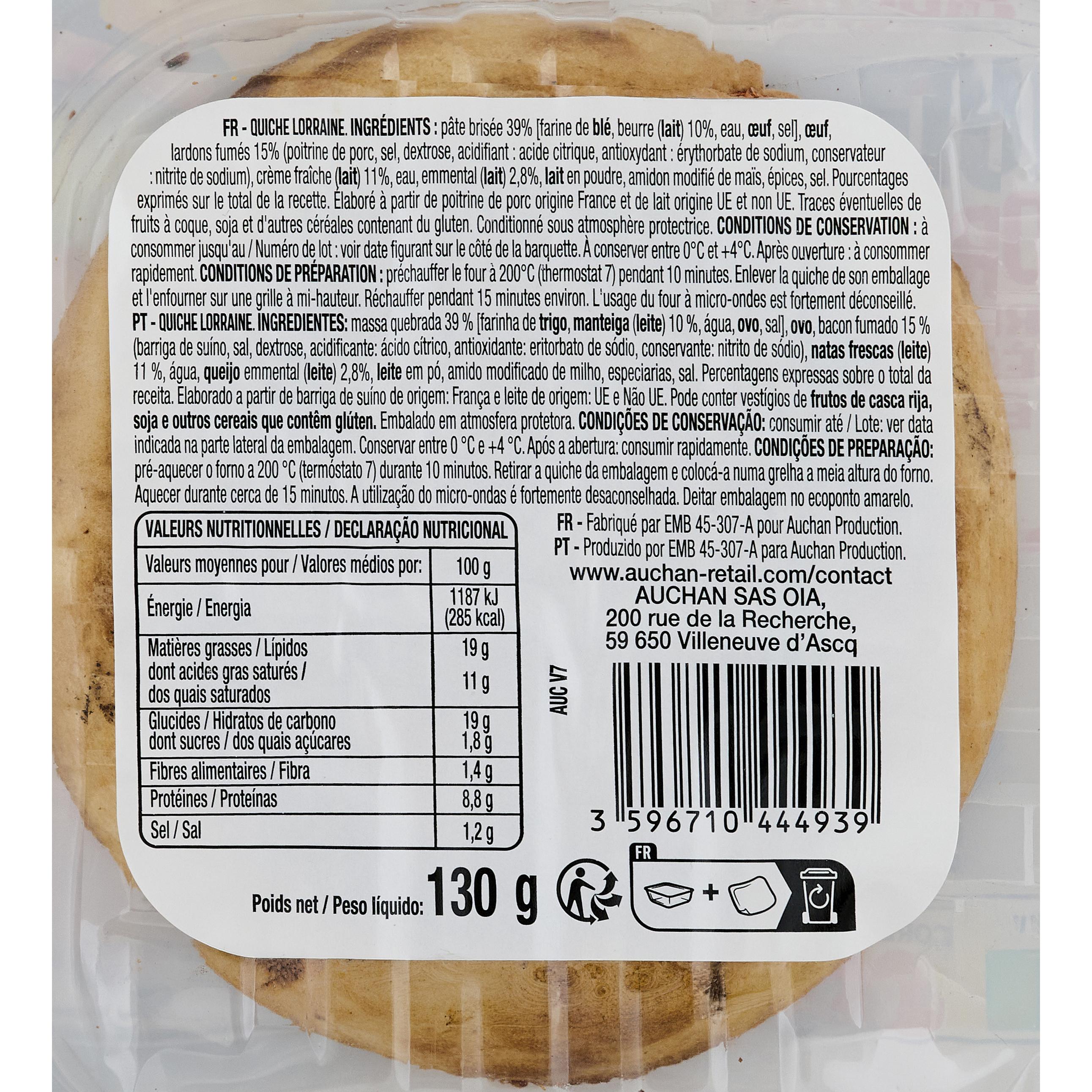 Voir la diapositive 2 : AUCHAN Quiche Lorraine aux lardons et emmental 1 part 130g