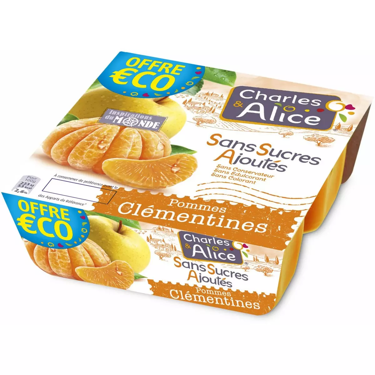 CHARLES & ALICE Spécialité pommes clémentines sans sucres ajoutés 4x100g