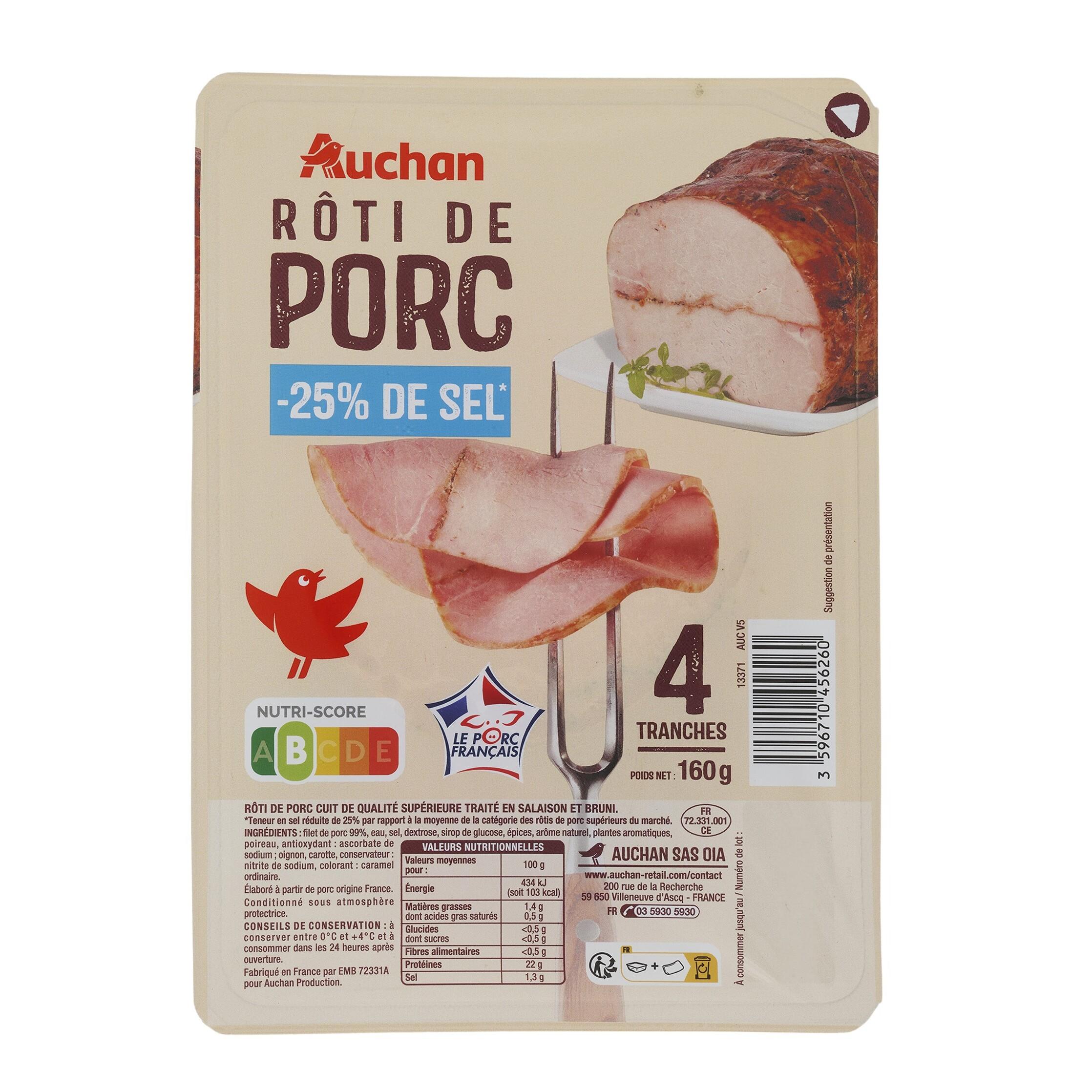 Voir la diapositive 2 : AUCHAN Rôti de porc cuit sel réduit 4 tranches 160g