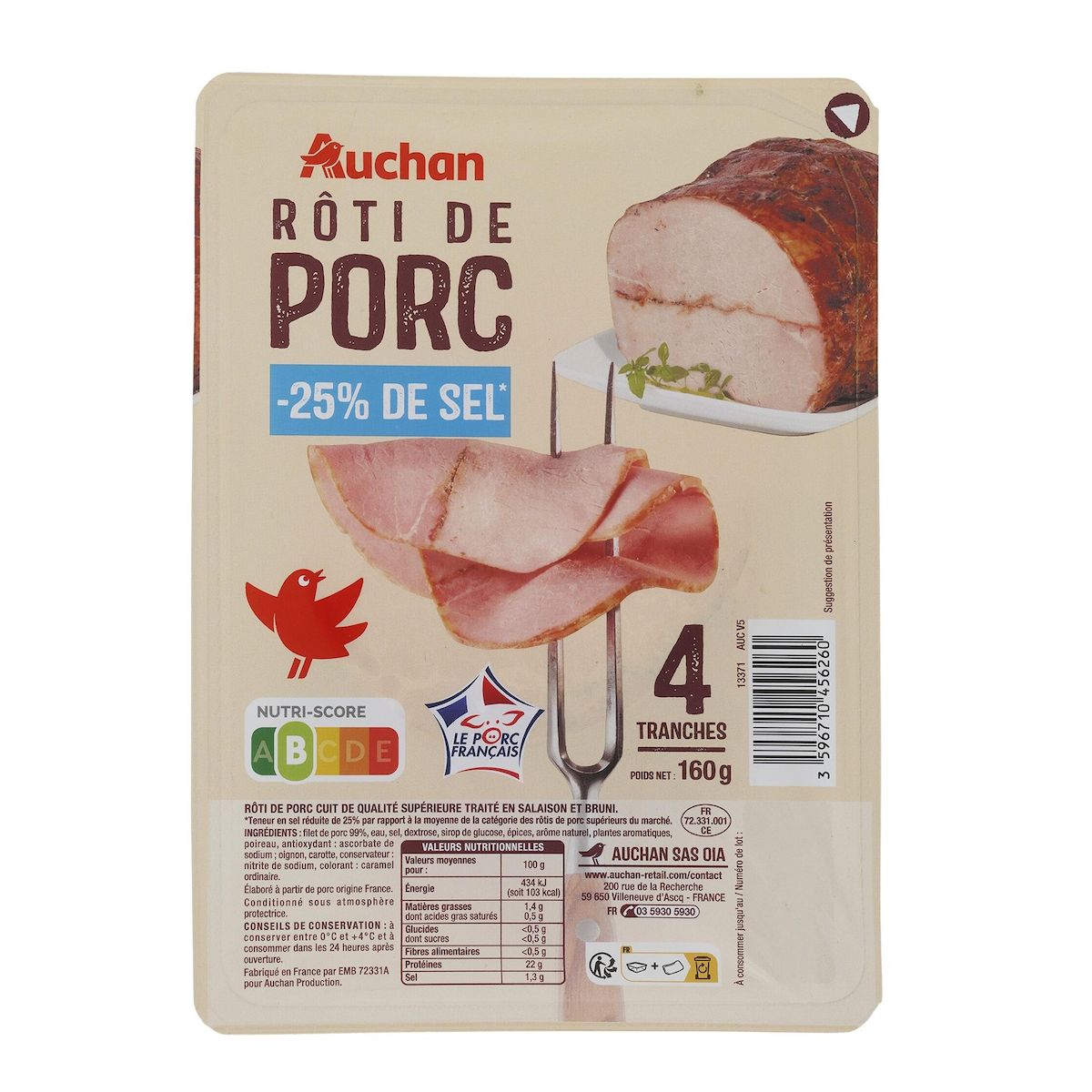 AUCHAN Rôti de porc cuit sel réduit 4 tranches 160g