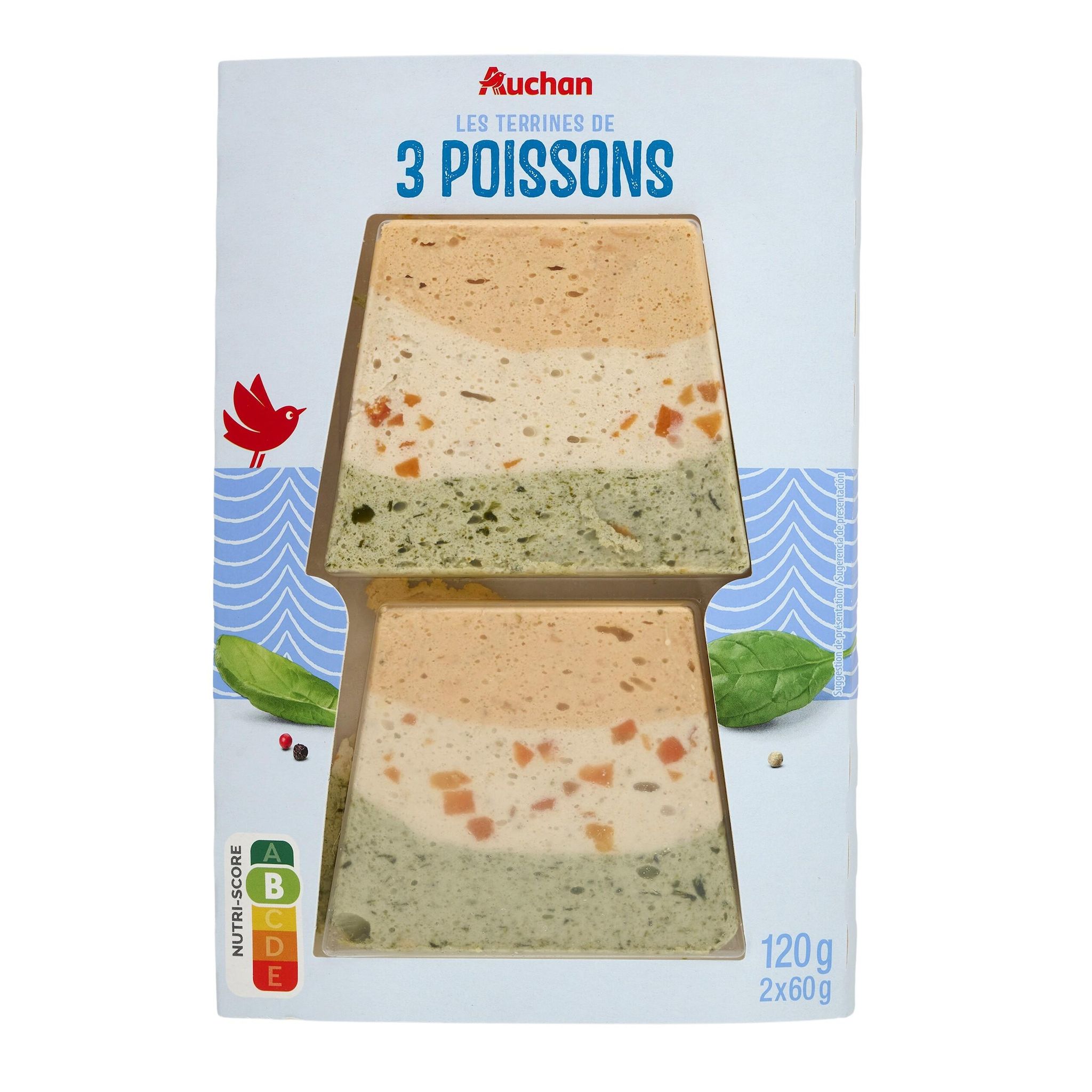 Voir la diapositive 2 : AUCHAN Terrine de 3 poissons 2 tranches 120g
