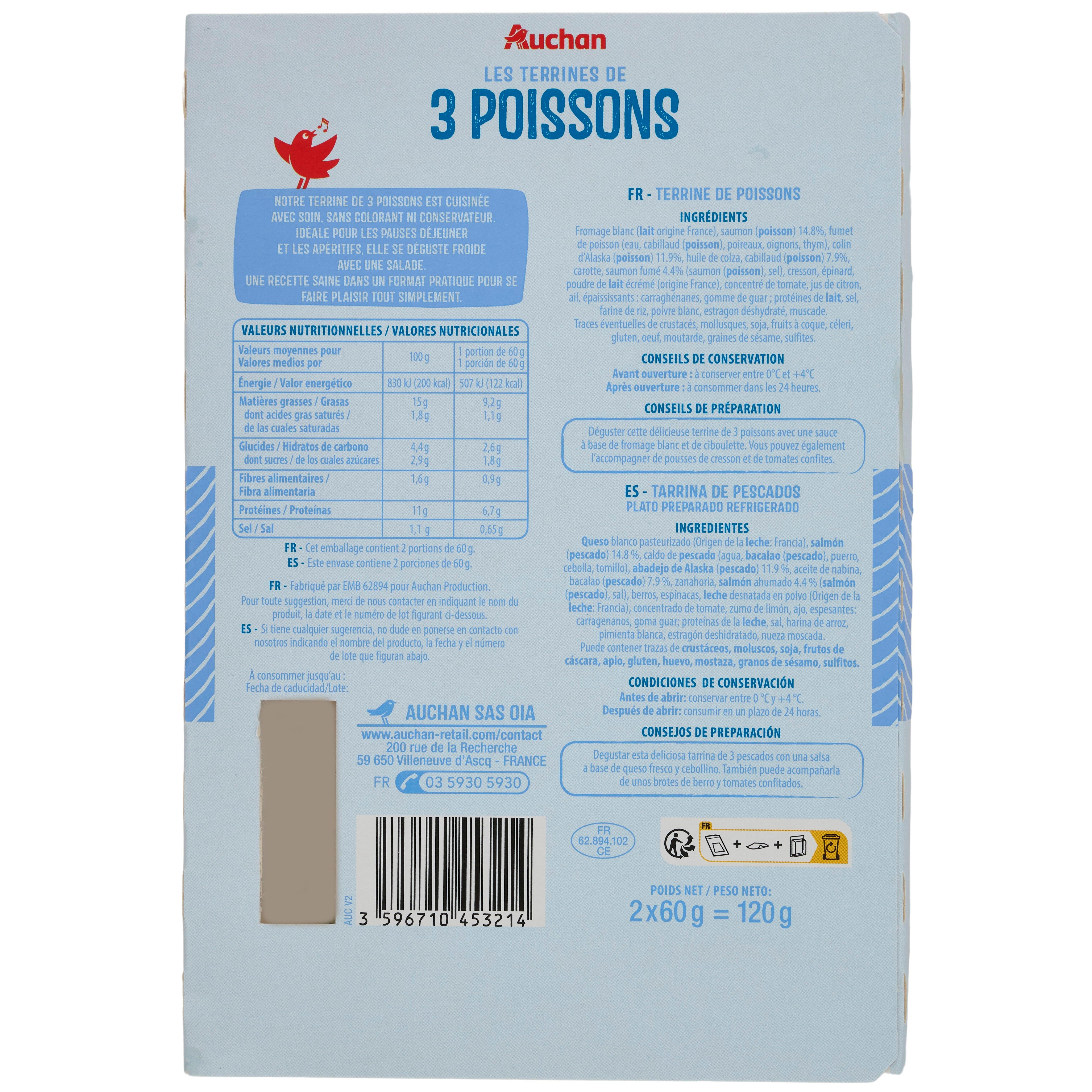 Voir la diapositive 3 : AUCHAN Terrine de 3 poissons 2 tranches 120g