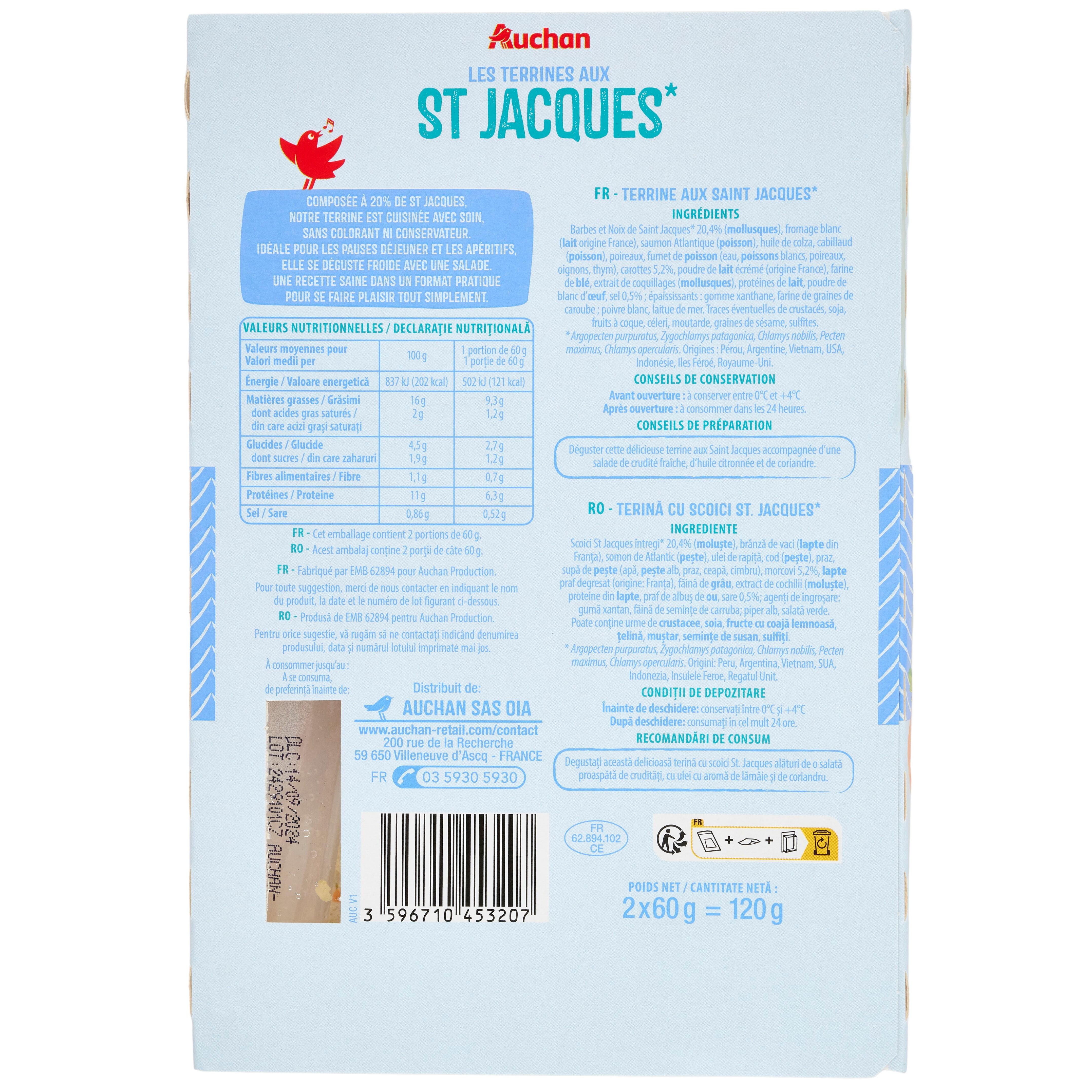 Voir la diapositive 3 : AUCHAN Terrines de Saint Jacques 2 pièces 120g