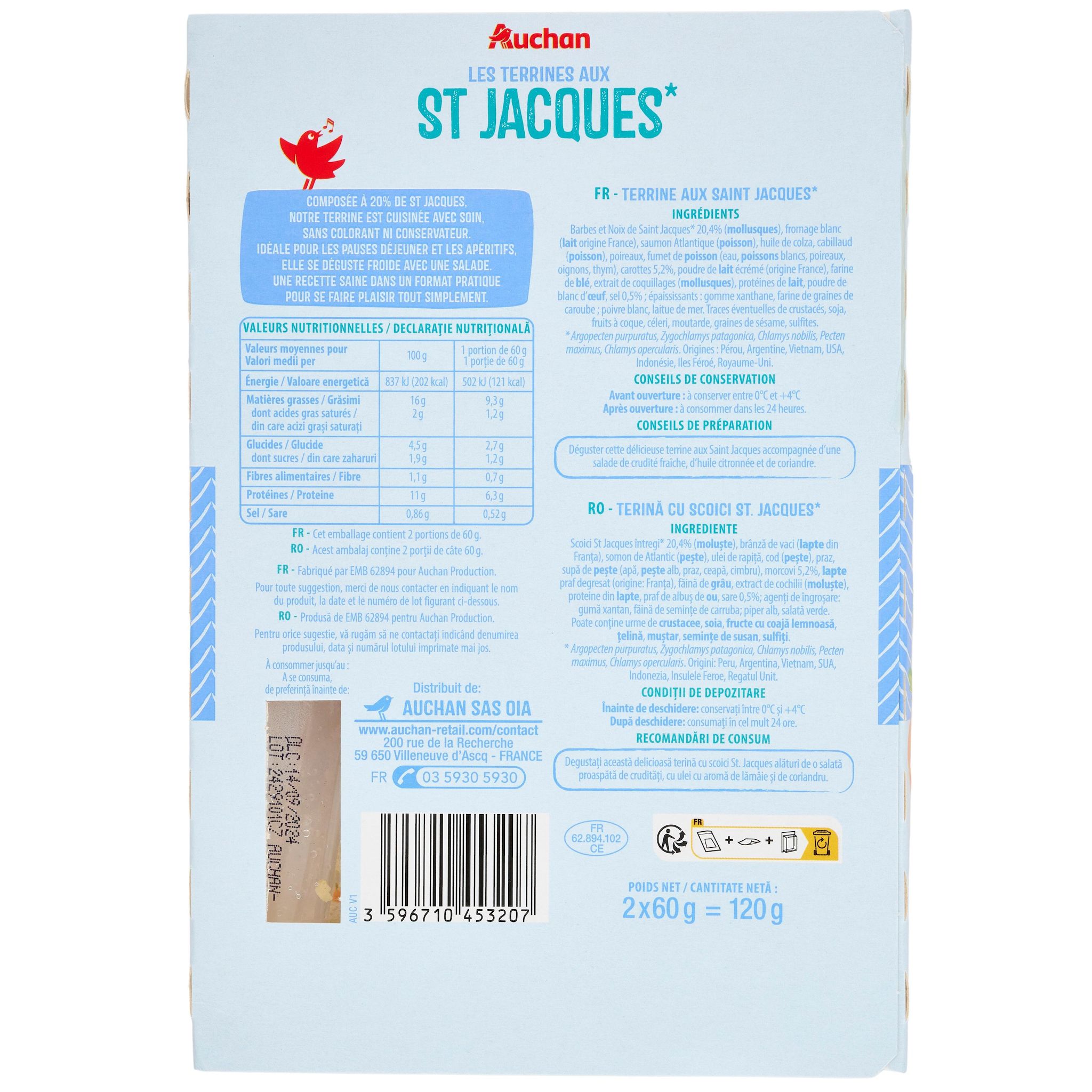 Voir la diapositive 3 : AUCHAN Terrines de Saint Jacques 2 pièces 120g