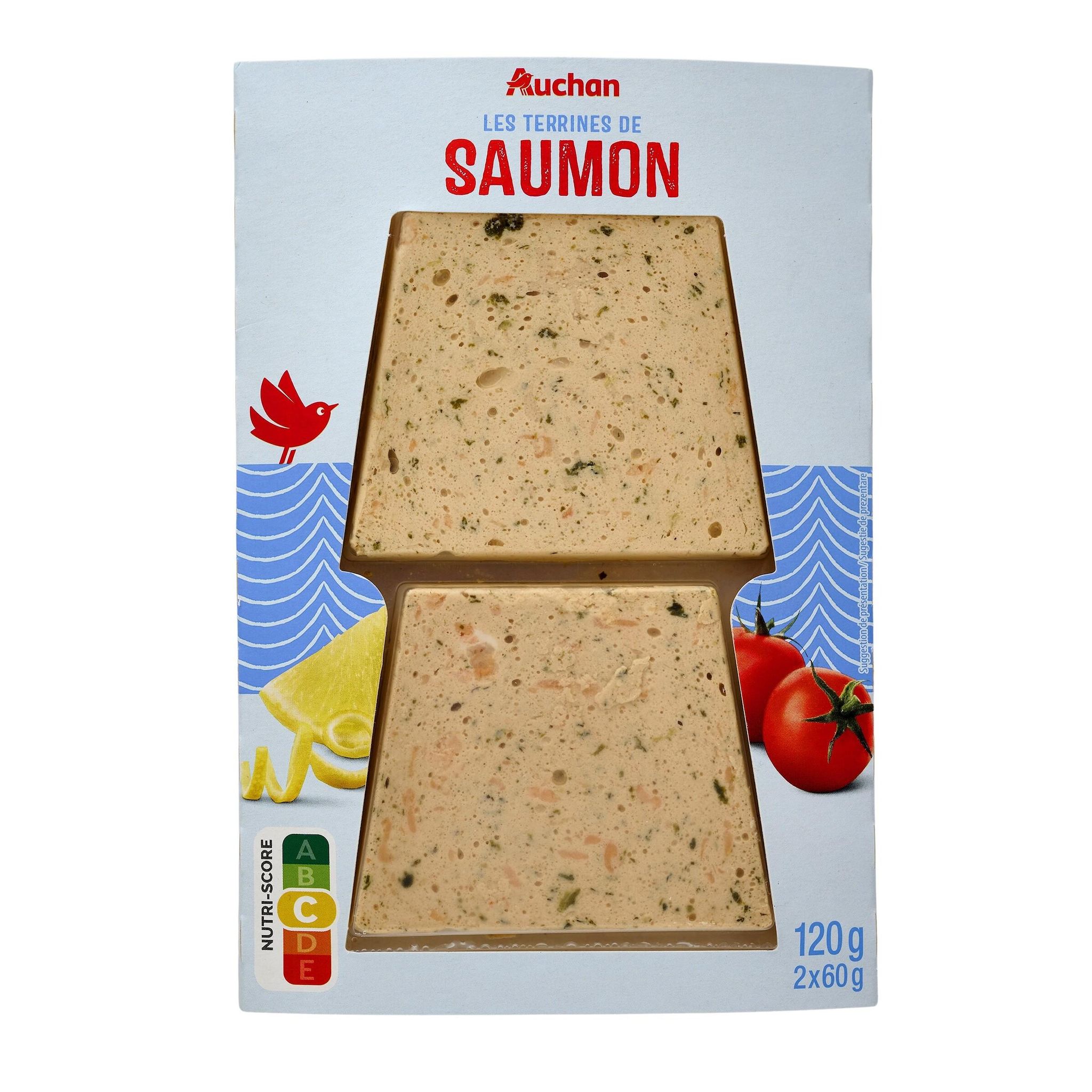 Voir la diapositive 2 : AUCHAN Terrines de saumon 2 pièces 120g