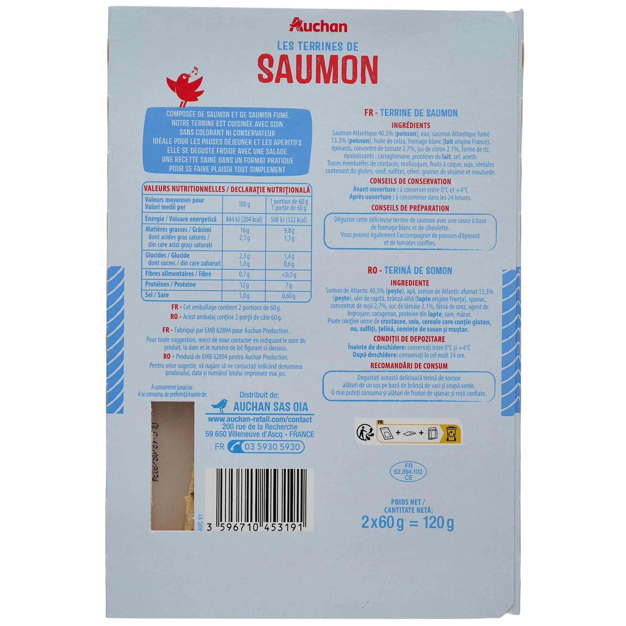 Voir la diapositive 3 : AUCHAN Terrines de saumon 2 pièces 120g