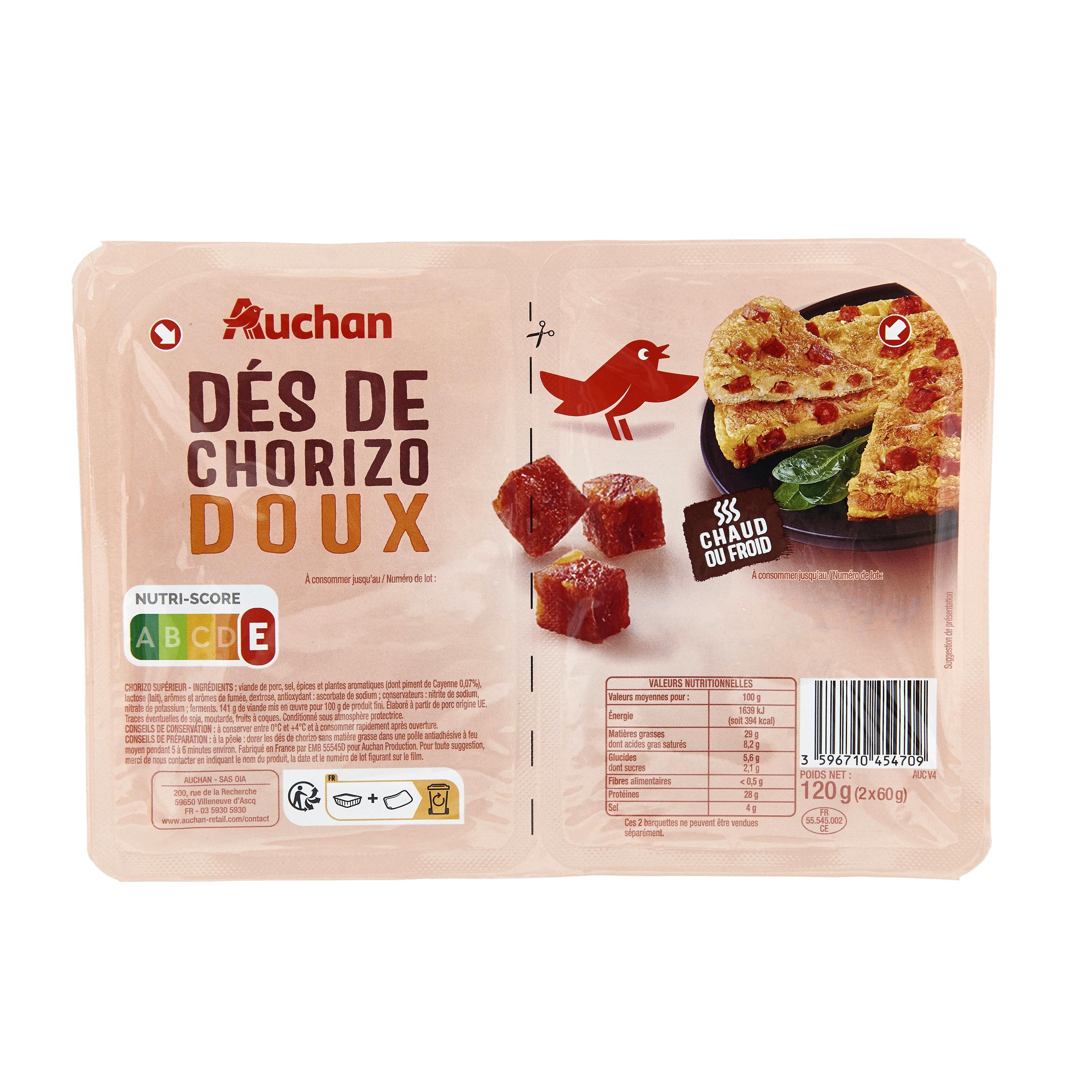 Voir la diapositive 2 : AUCHAN Dés de chorizo doux 2x60g