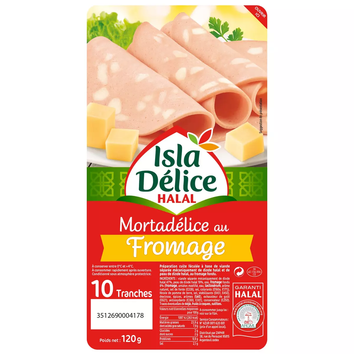 ISLA DELICE Mortadélice au fromage halal 10 tranches 120g