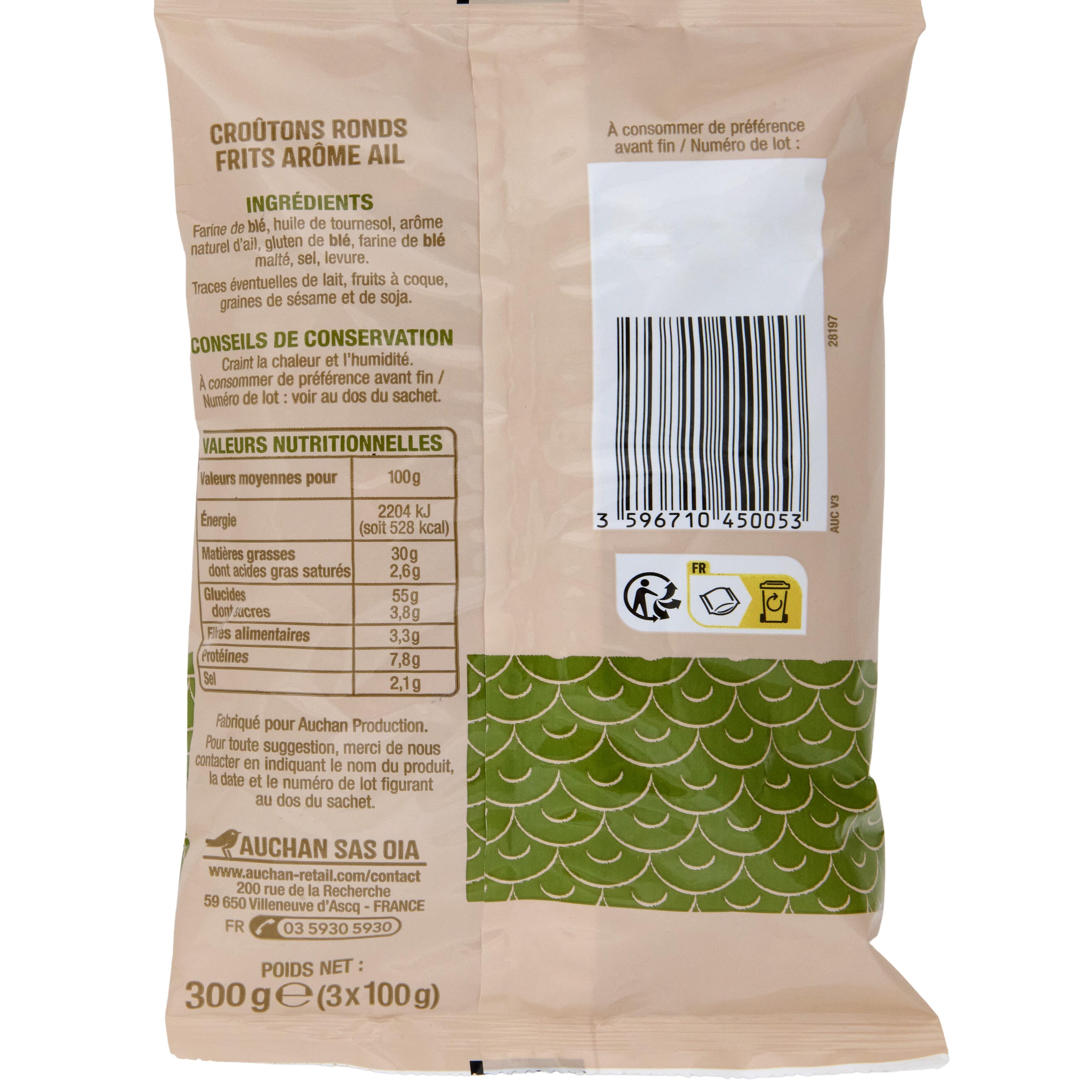 Voir la diapositive 2 : AUCHAN Croûtons à l'ail sans huile de palme 3x100g