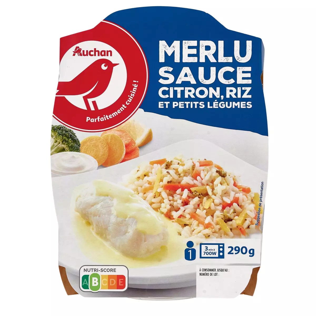 AUCHAN Merlu sauce citron riz et petits légumes 1 portion 290g