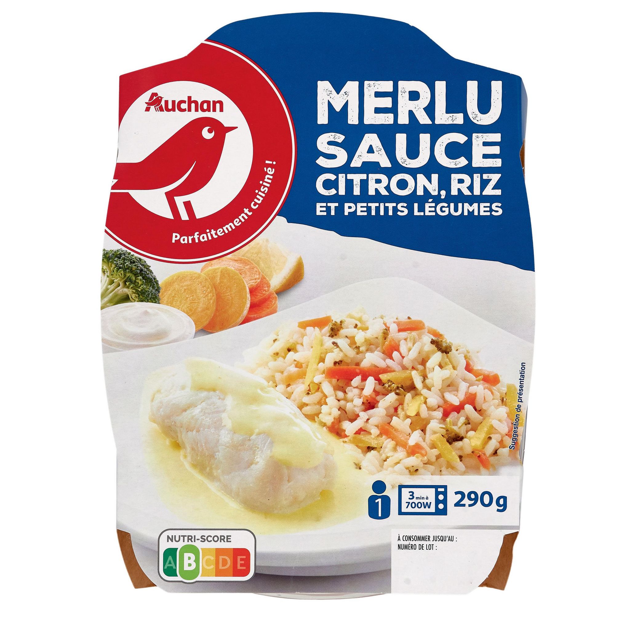 Voir la diapositive 2 : AUCHAN Merlu sauce citron riz et petits légumes 1 part 290g