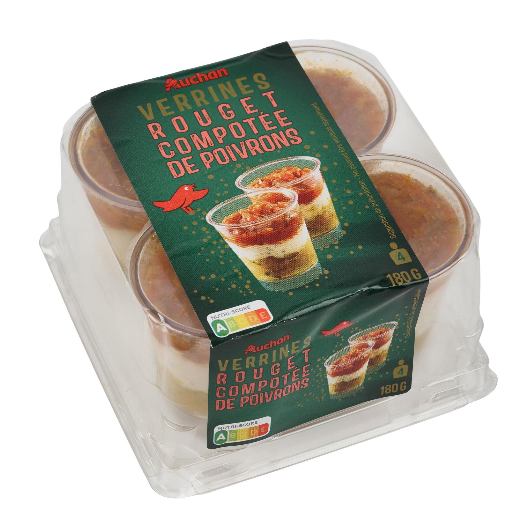 Voir la diapositive 2 : AUCHAN Verrine de rouget compotée de poivrons 4 pièces 180g