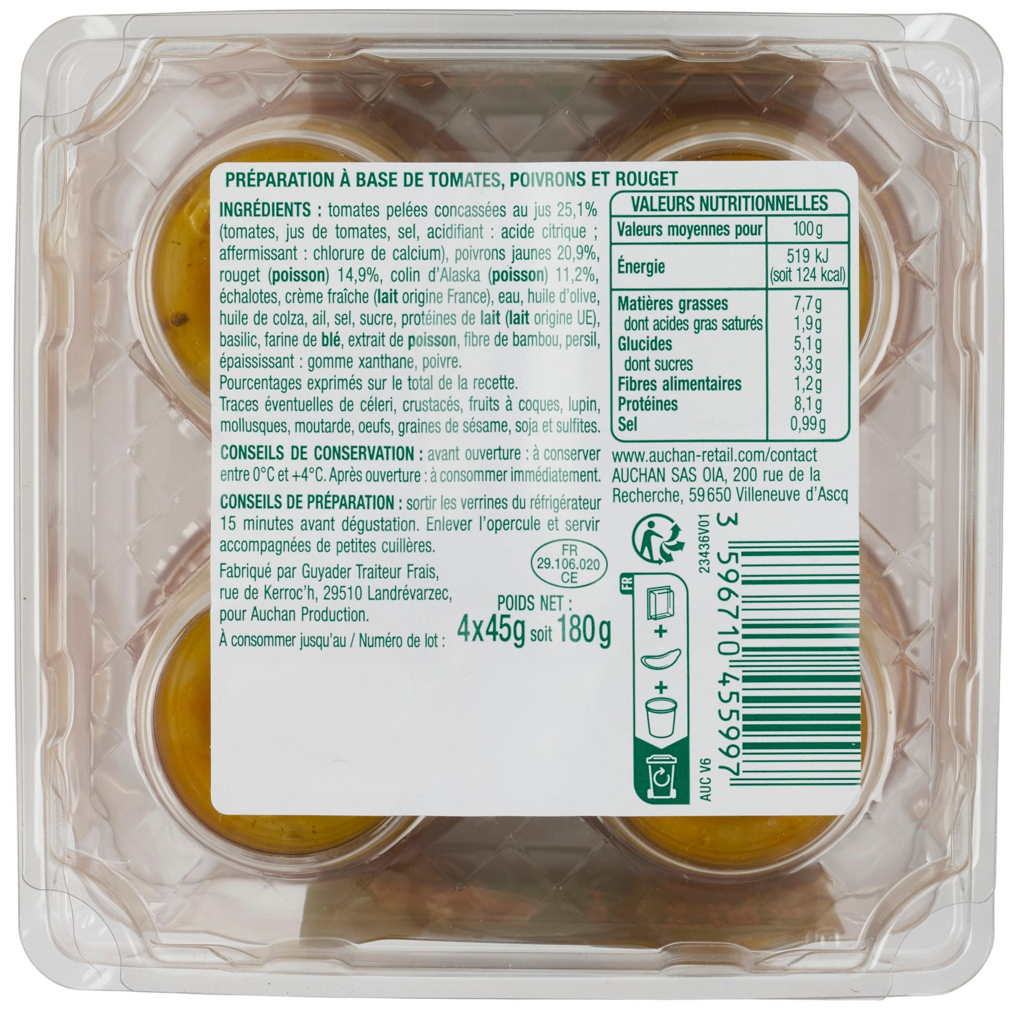 Voir la diapositive 3 : AUCHAN Verrine de rouget compotée de poivrons 4 pièces 180g