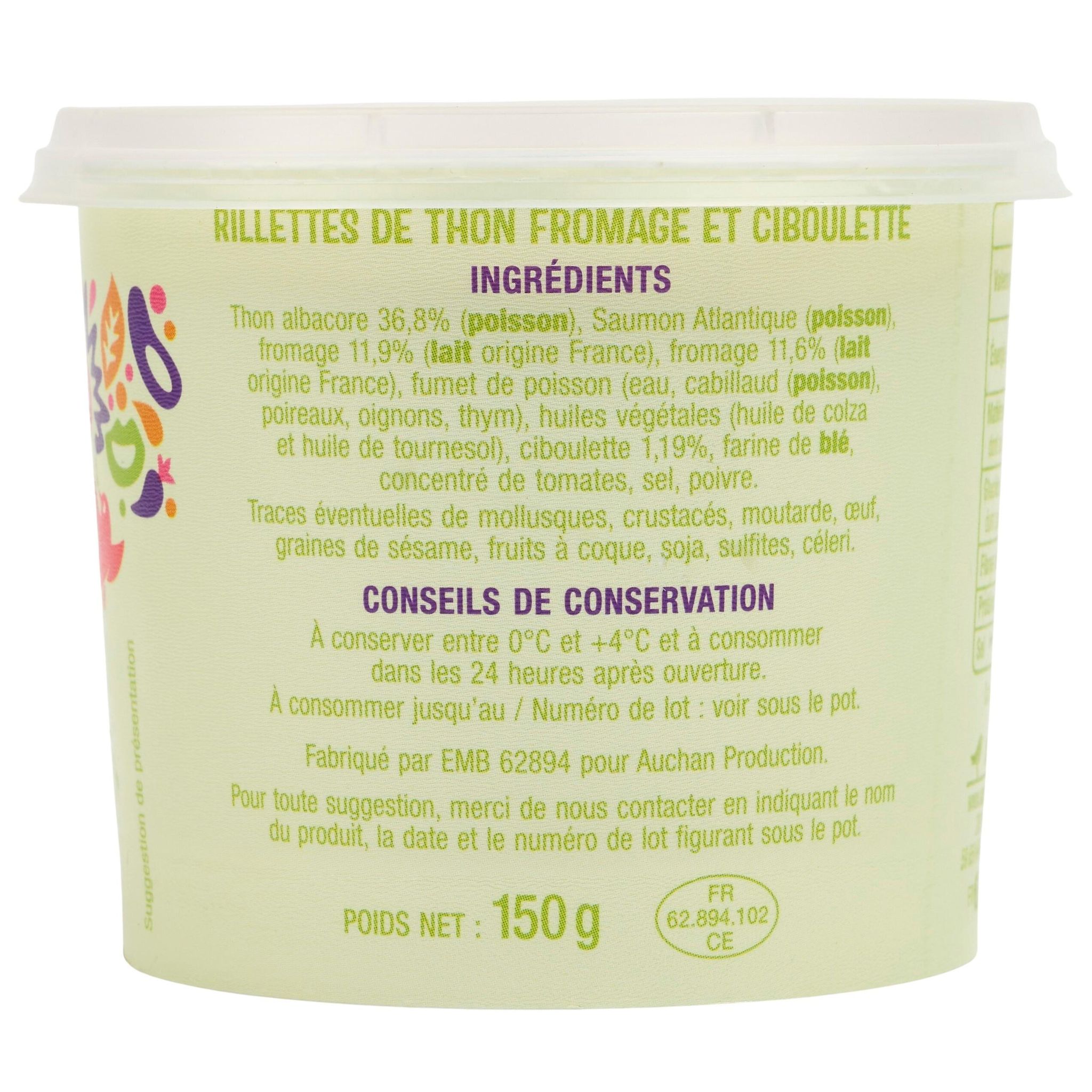Voir la diapositive 4 : AUCHAN Rillettes de thon au fromage frais et ciboulette 150g