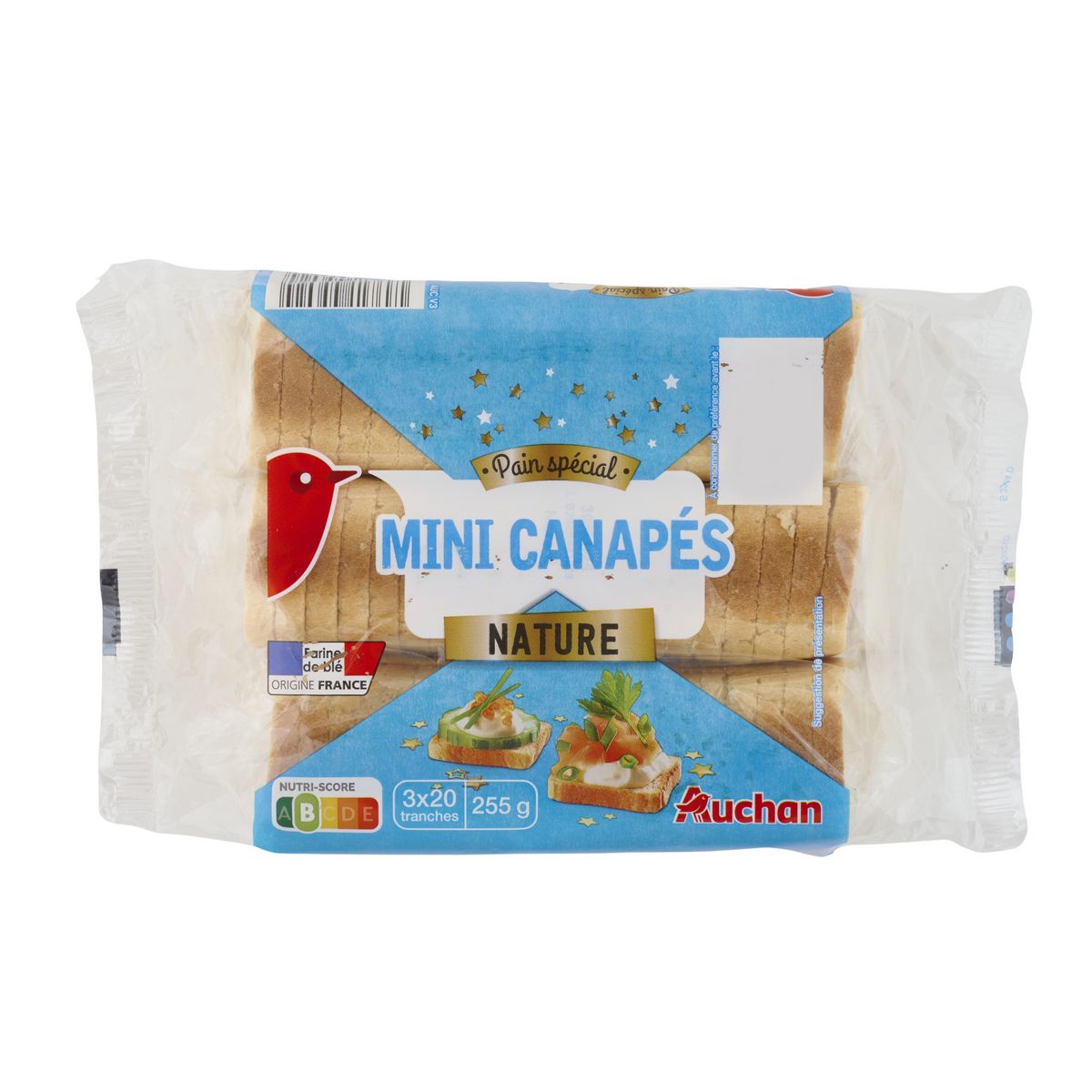 AUCHAN Mini canapés nature 3x20 tranches 255g