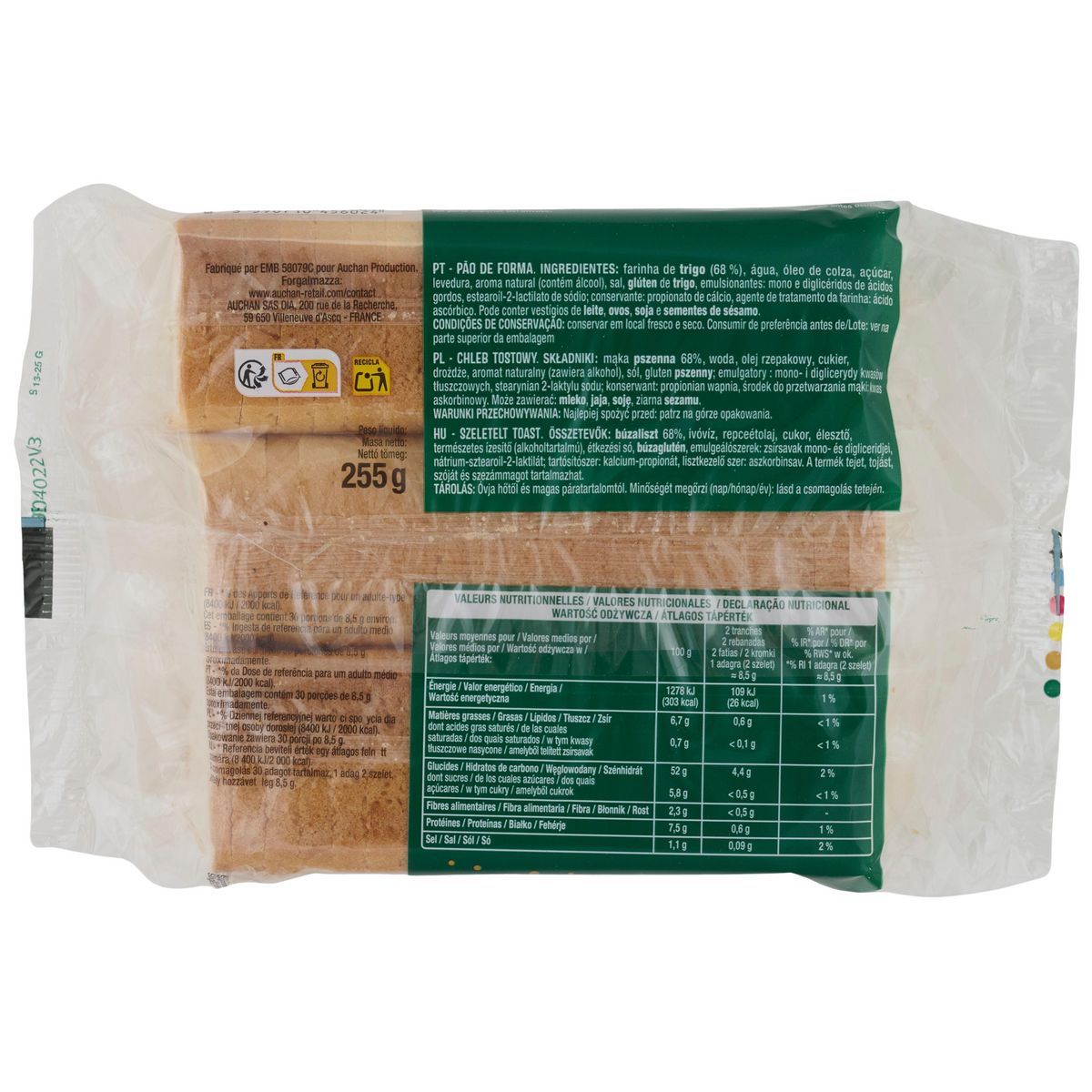 AUCHAN Mini canapés nature 3x20 tranches 255g