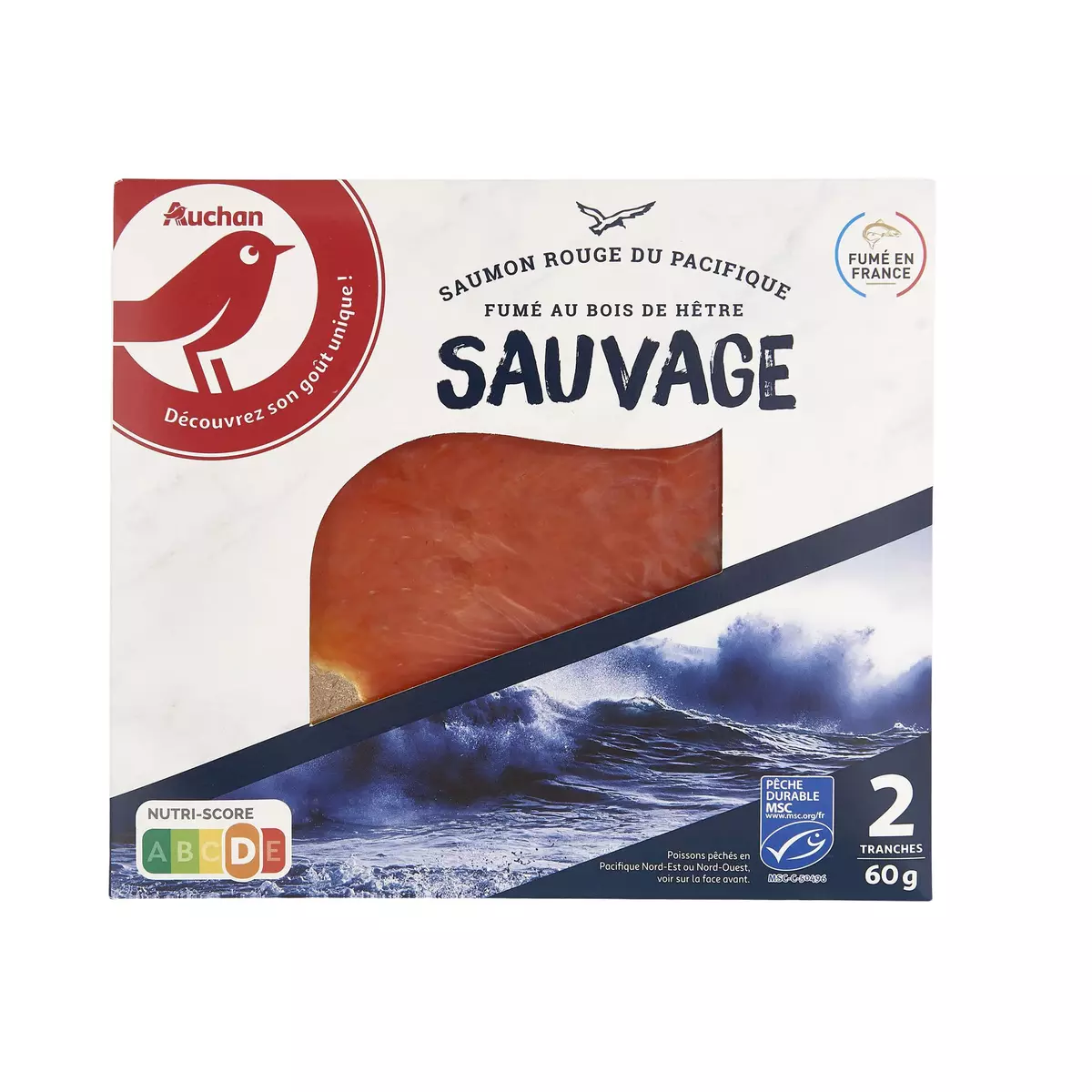 AUCHAN Saumon rouge fumé sauvage du Pacifique 2 tranches 60g