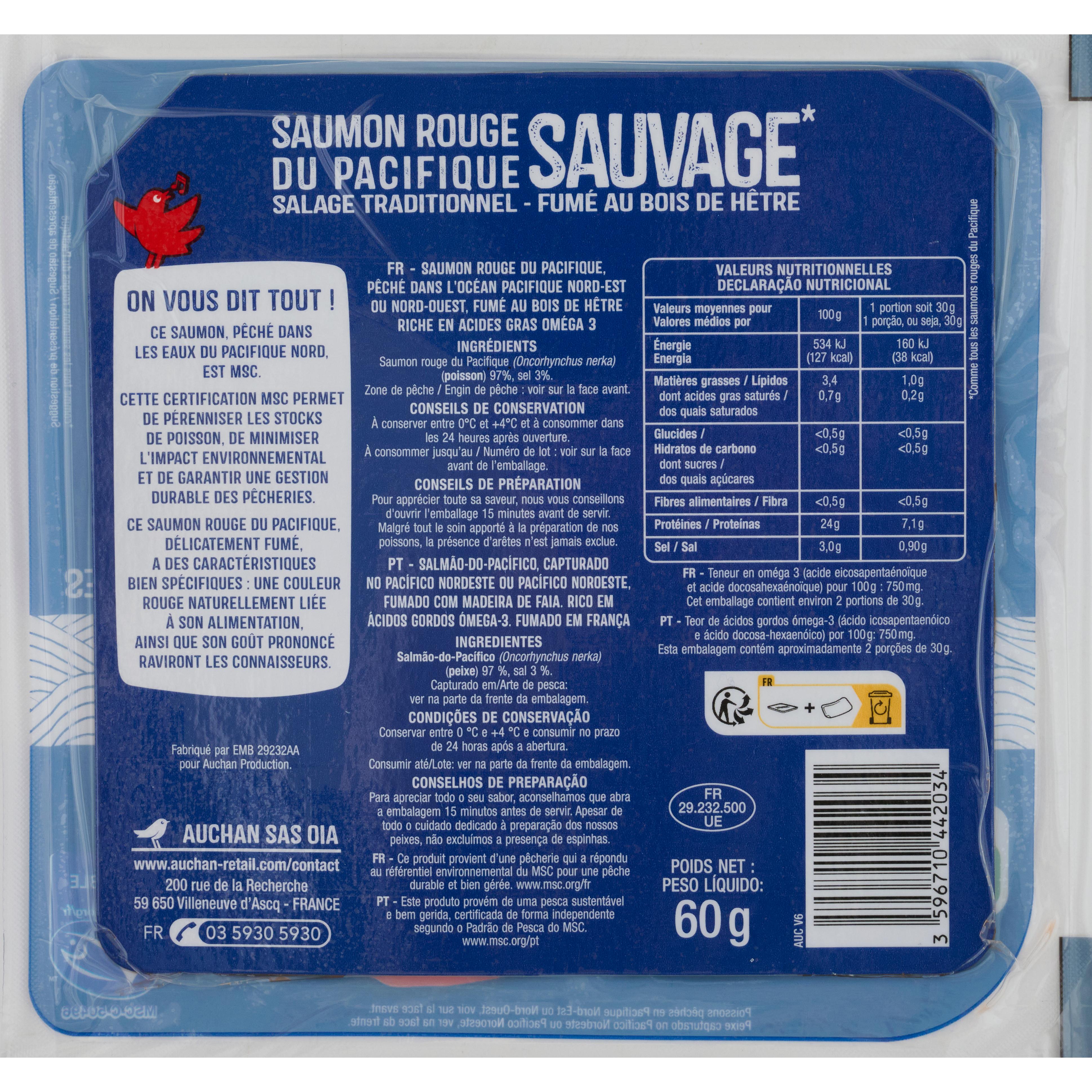 Voir la diapositive 2 : AUCHAN Saumon rouge sauvage du Pacifique fumé au bois de hêtre 2 tranches 60g