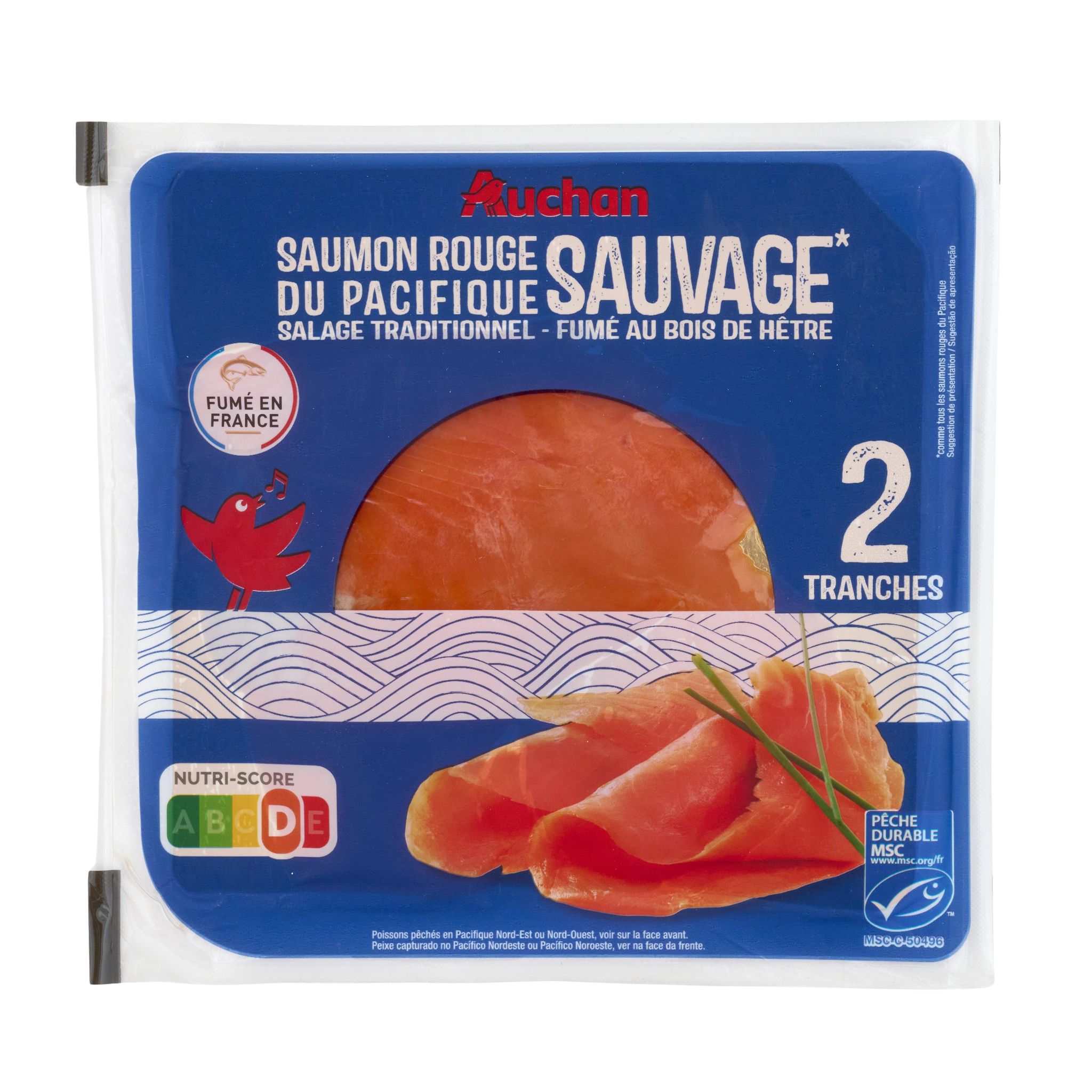 Voir la diapositive 4 : AUCHAN Saumon rouge sauvage du Pacifique fumé au bois de hêtre 2 tranches 60g