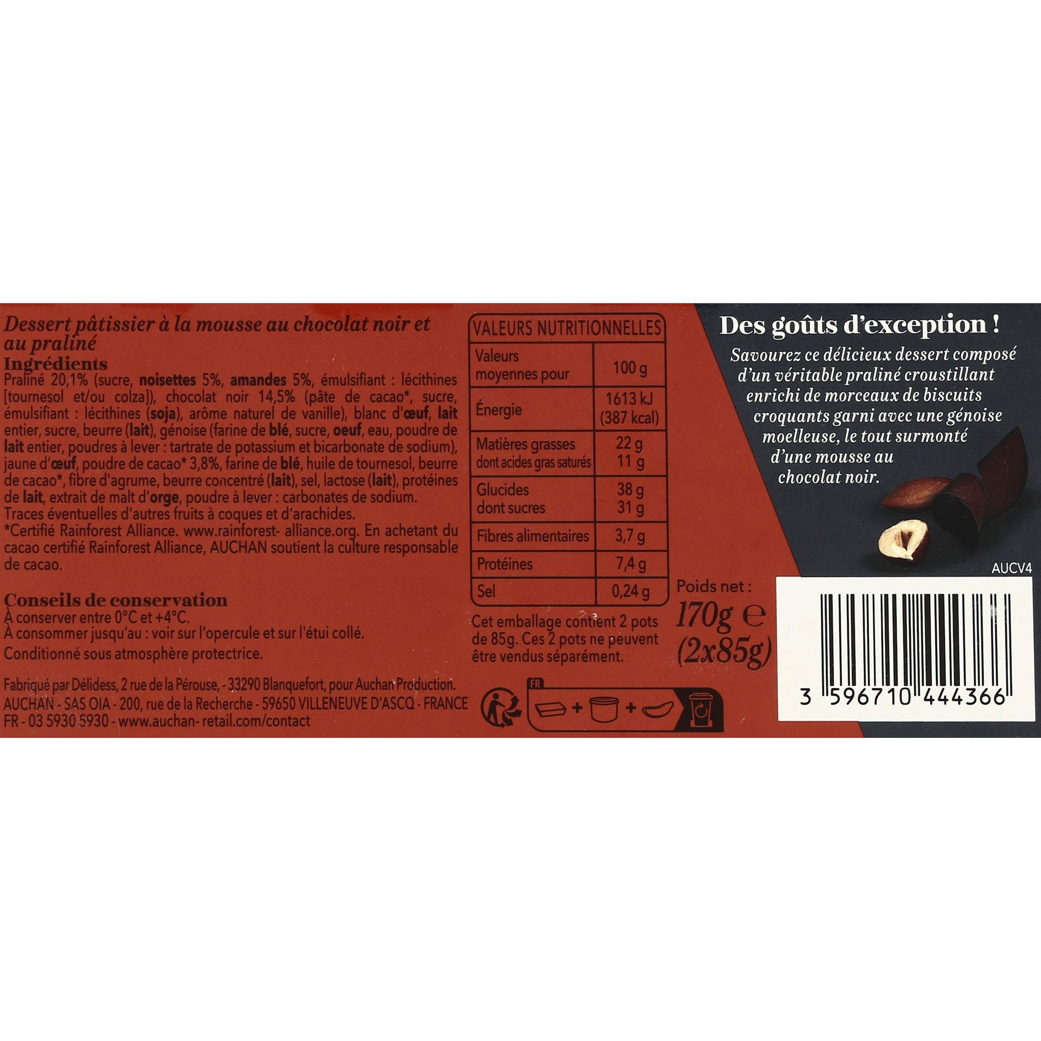 Voir la diapositive 2 : AUCHAN COLLECTION Mousse au chocolat noir sur lit de praliné croustillant 2x80g