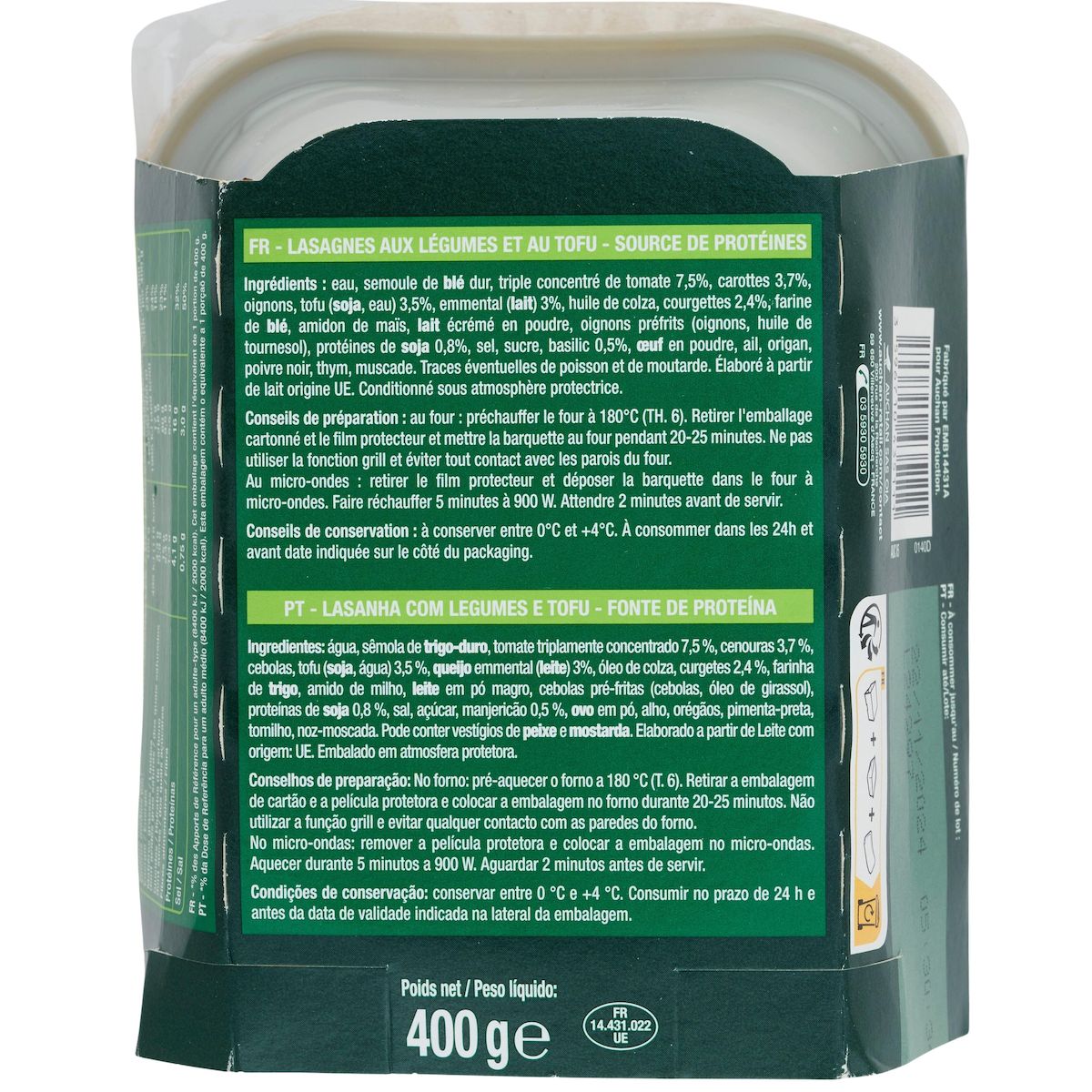 AUCHAN VERY VEGGIE Lasagnes végétales aux légumes et tofu 1 part 400g