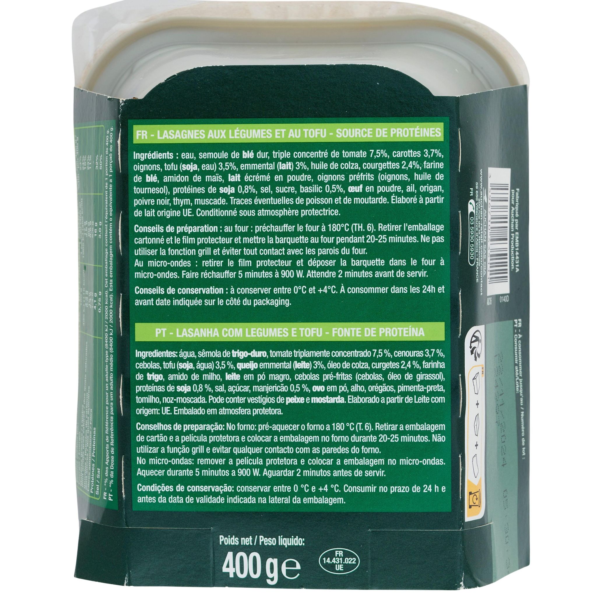 Voir la diapositive 3 : AUCHAN VERY VEGGIE Lasagnes végétales aux légumes et tofu 1 part 400g