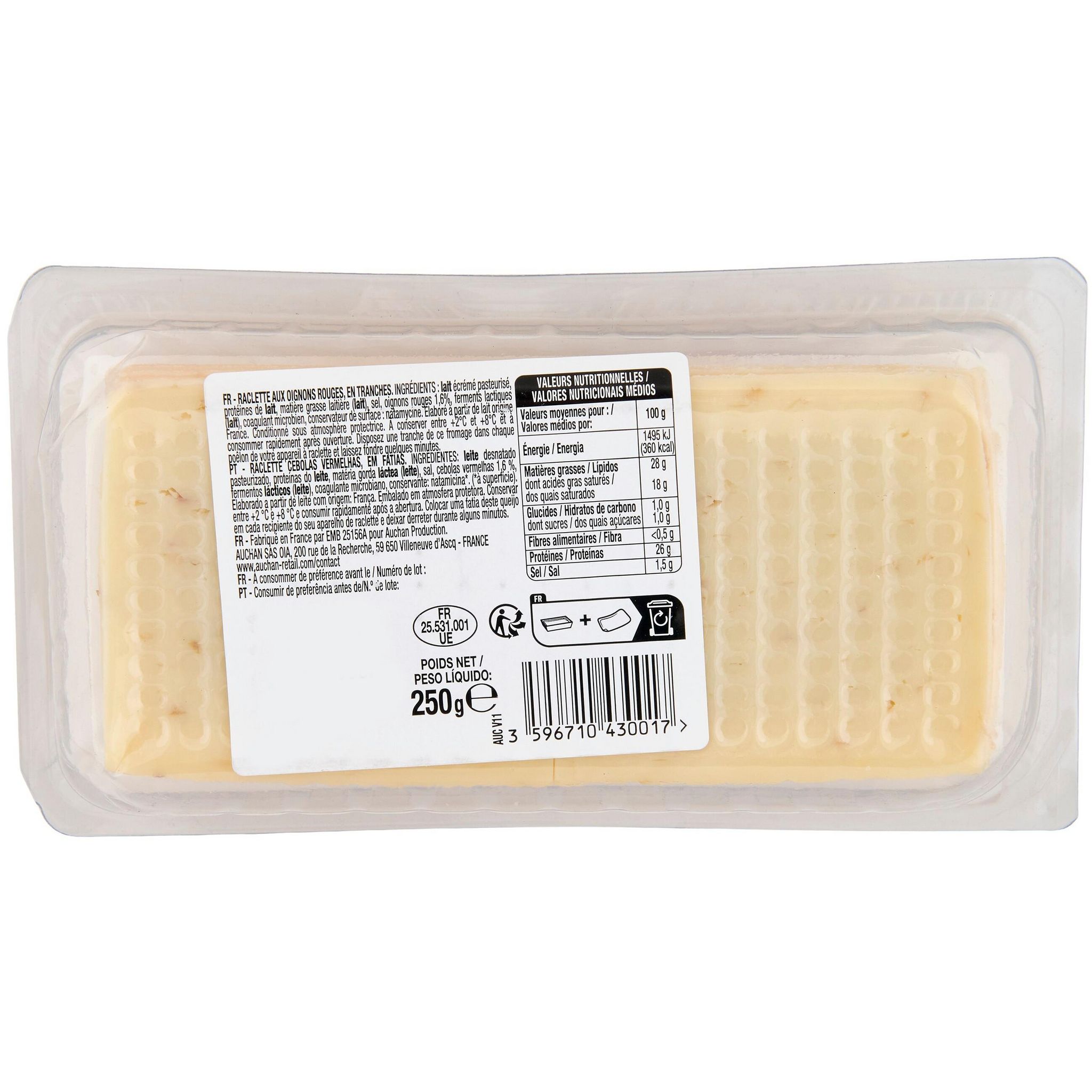 Voir la diapositive 2 : AUCHAN Fromage à raclette aux oignons 2 parts 250g