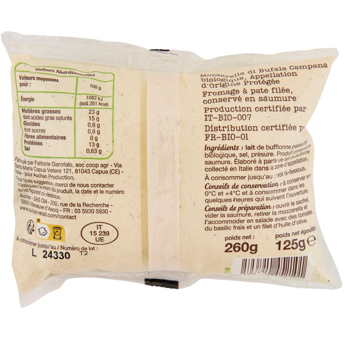 AUCHAN BIO Mozzarella bufala AOP 125g