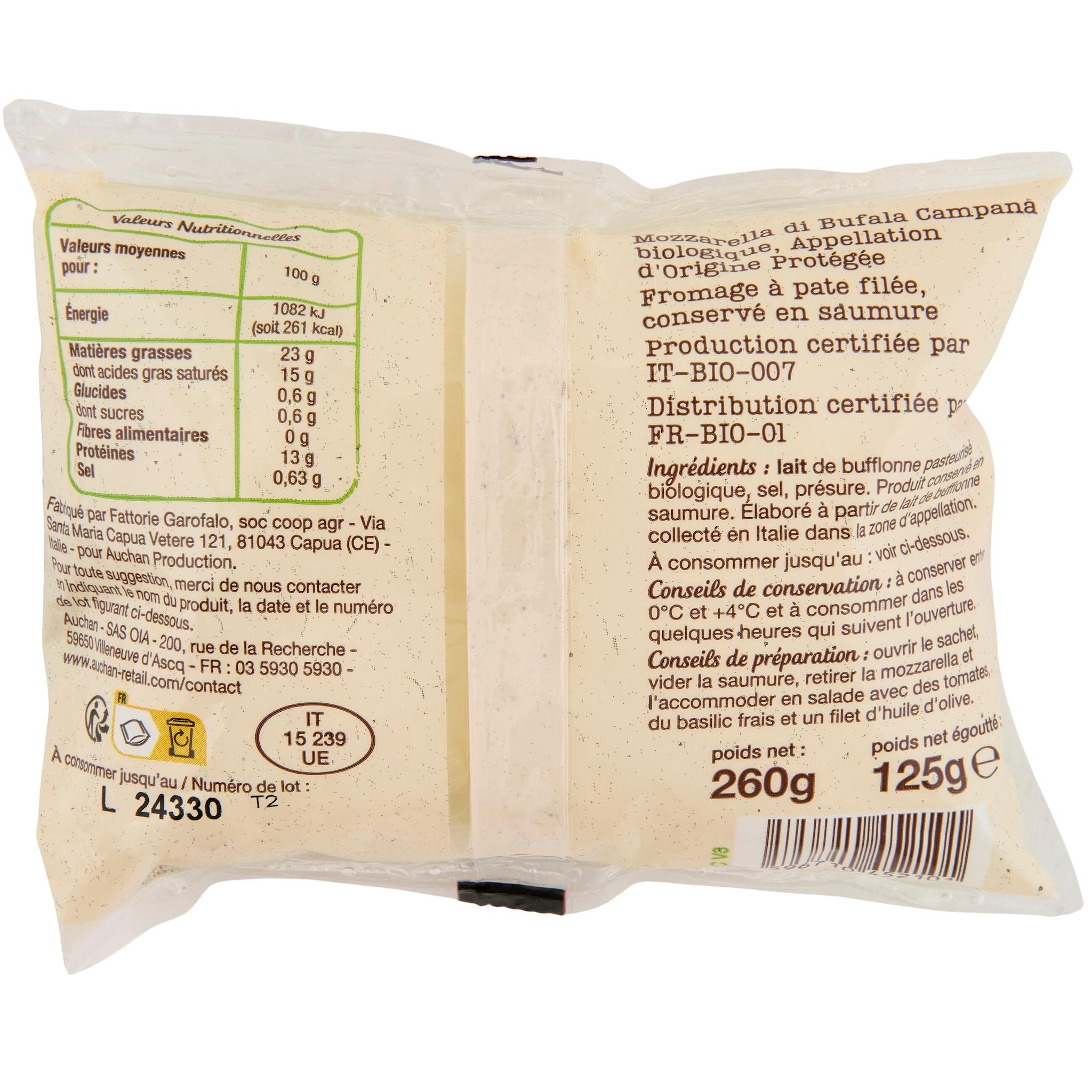 Voir la diapositive 4 : AUCHAN BIO Mozzarella bufala AOP 125g