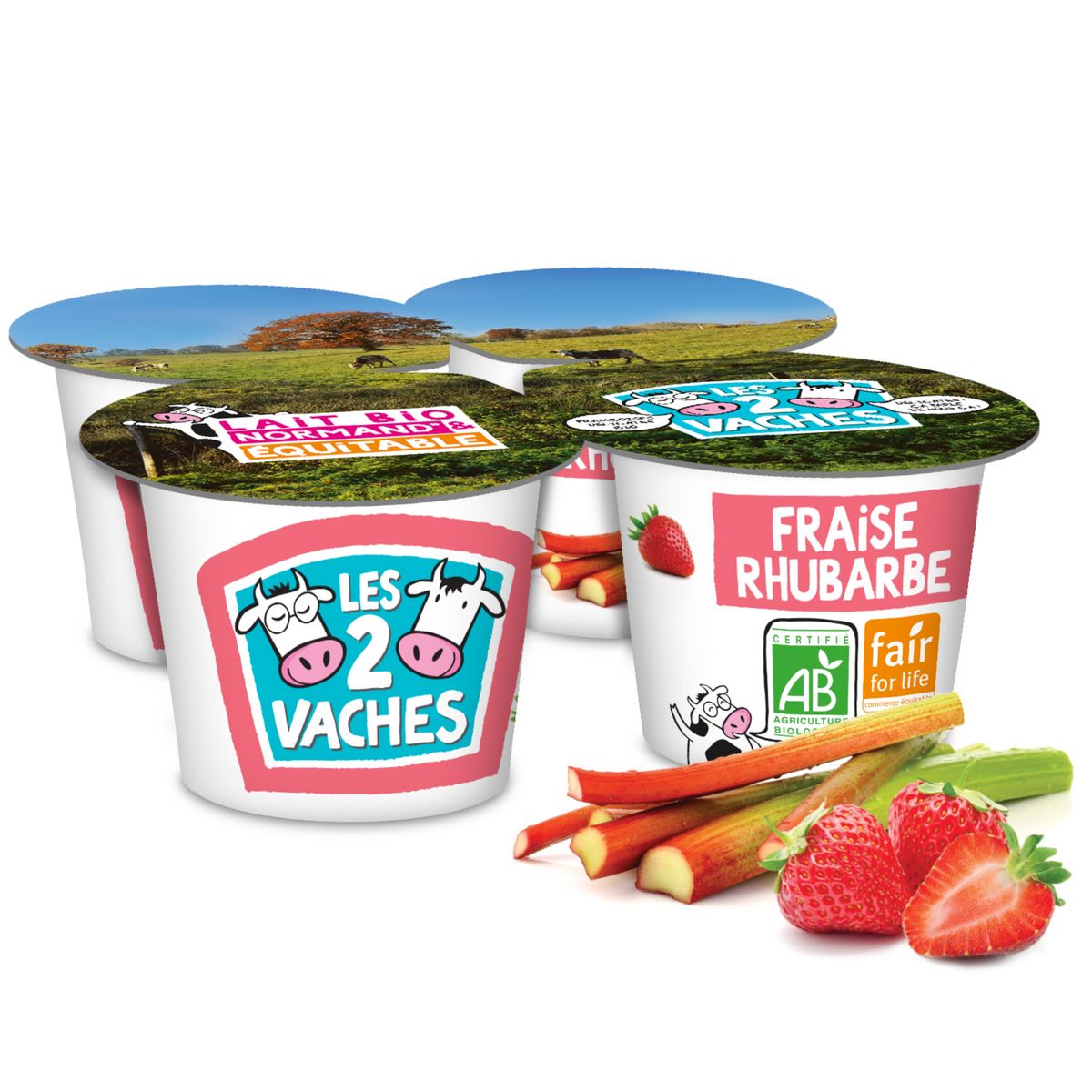 LES 2 VACHES Yaourt brassé sucré fraise rhubarbe bio 4x115g