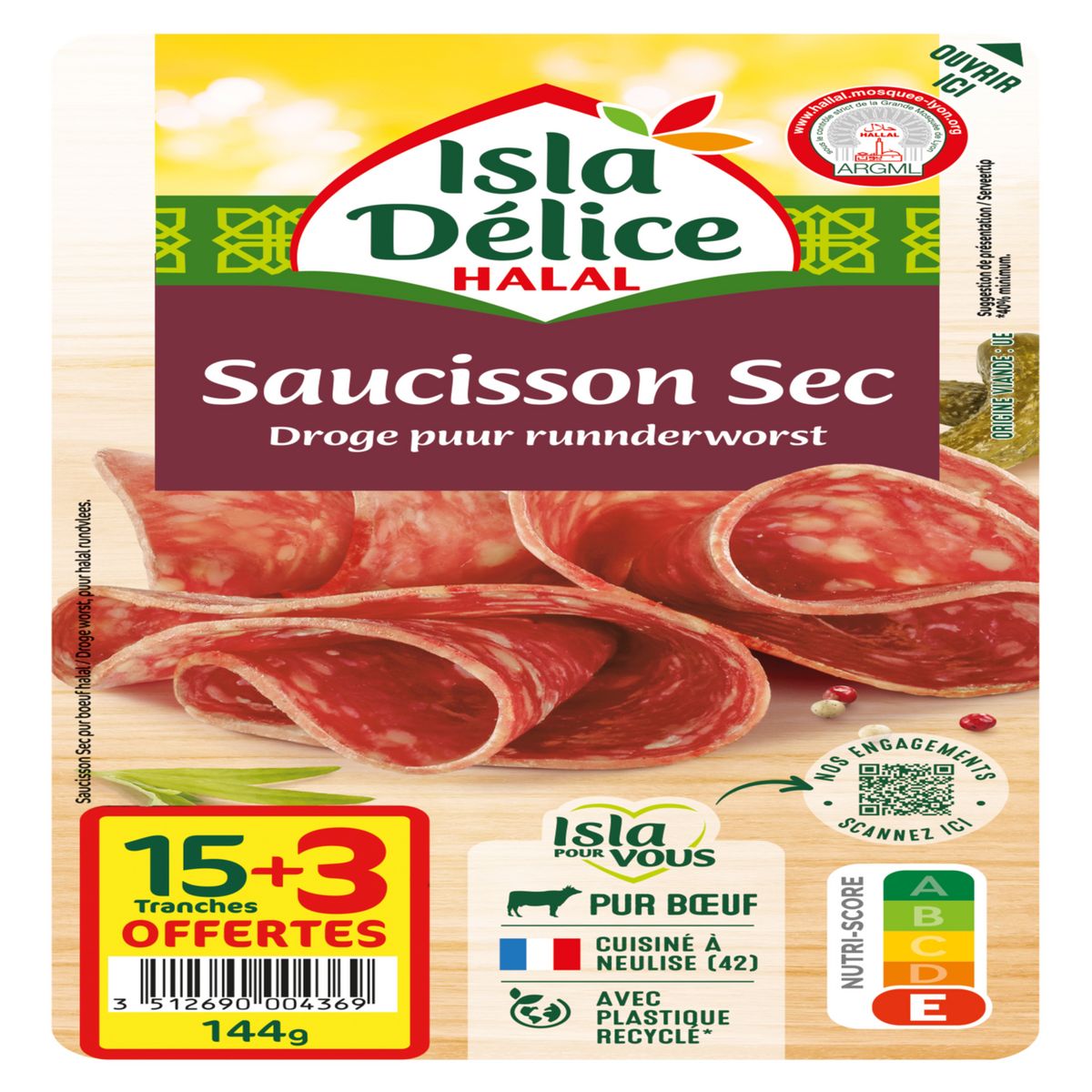 ISLA DELICE Saucisson sec tranché halal 15 tranches + 3 offertes 144g