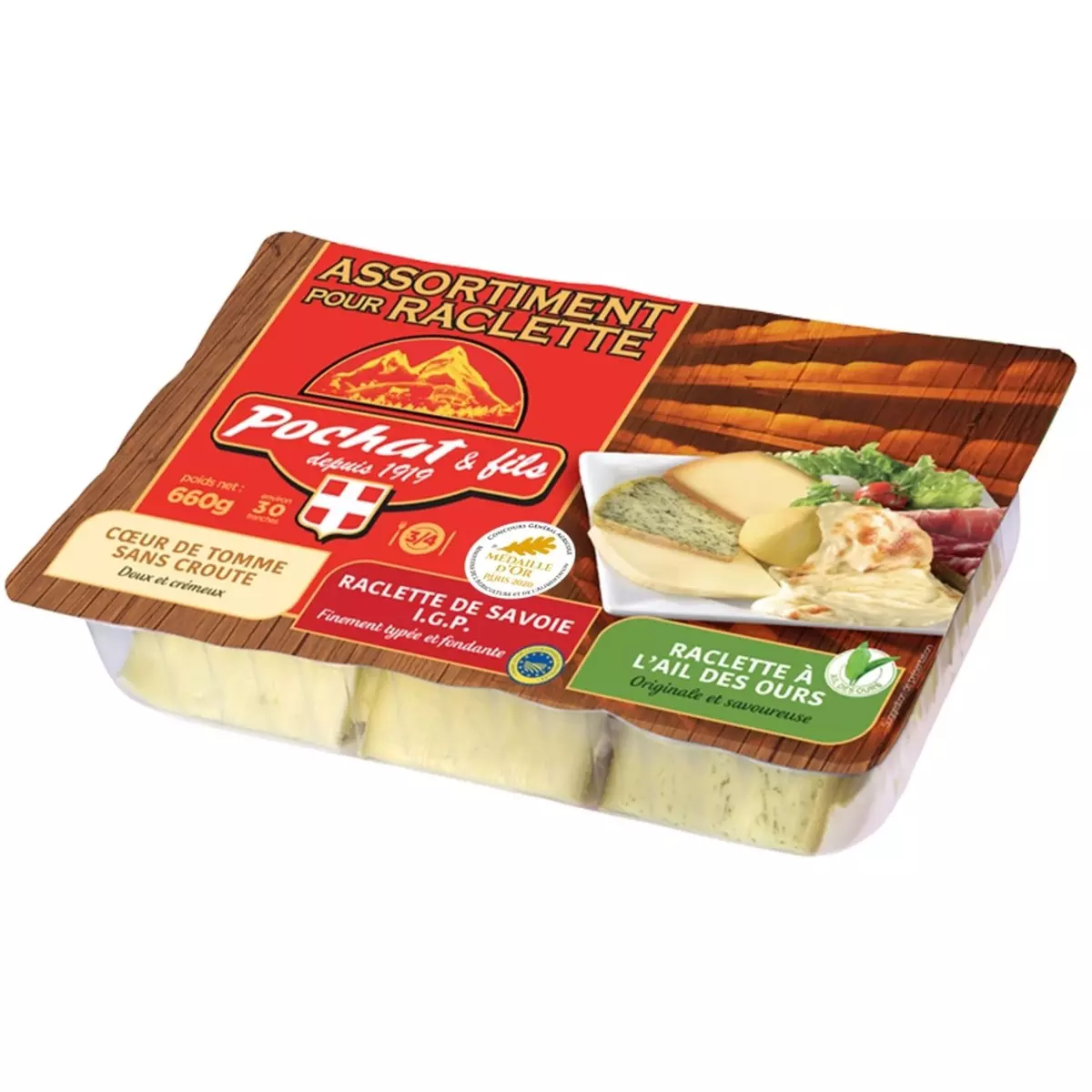 POCHAT & FILS Assortiment de fromage à raclette de Savoie coeur de tomme et ail des ours 30 tranches environ 600g