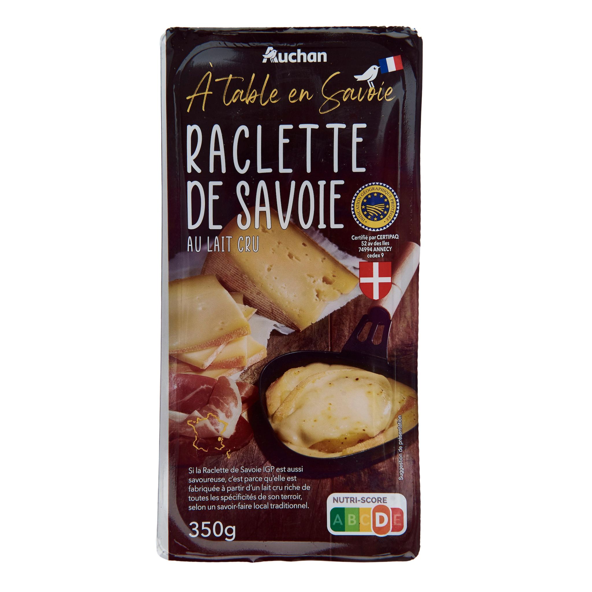 Voir la diapositive 2 : AUCHAN TERROIR Fromage à raclette de Savoie au lait cru AOP 2/3 parts 350g
