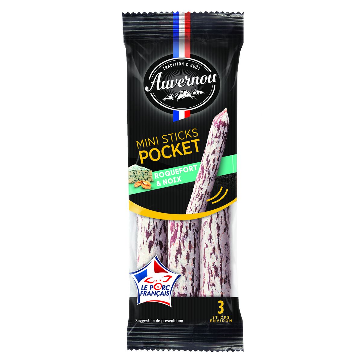 AUVERNOU Mini bâtonnet de saucisson sec au roquefort et noix 3 bâtonnets 30g