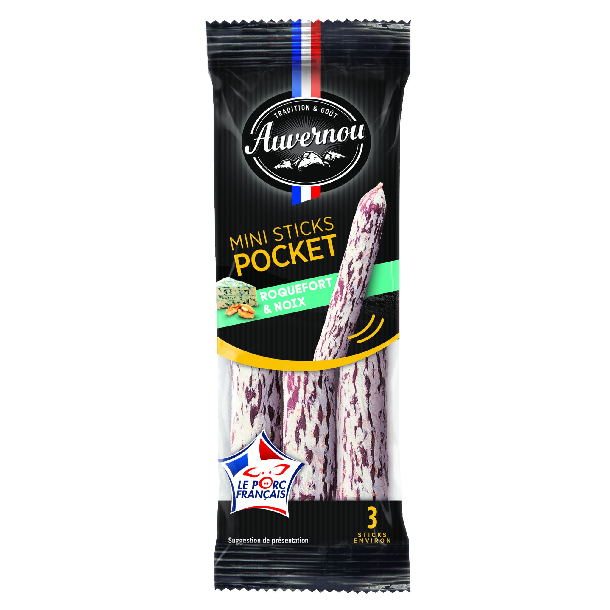 AUVERNOU Mini bâtonnet de saucisson sec au roquefort et noix 3 bâtonnets 30g