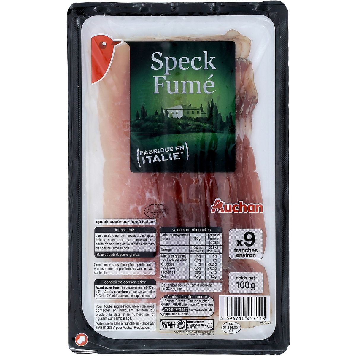 AUCHAN Speck fumé tranche 9 tranches 100g
