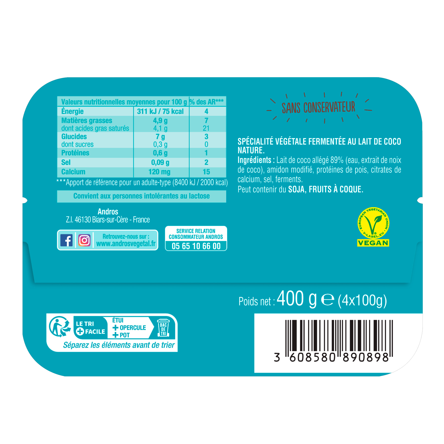 Voir la diapositive 5 : ANDROS Gourmand & Végétal Dessert brassé au lait de coco nature 4x100g