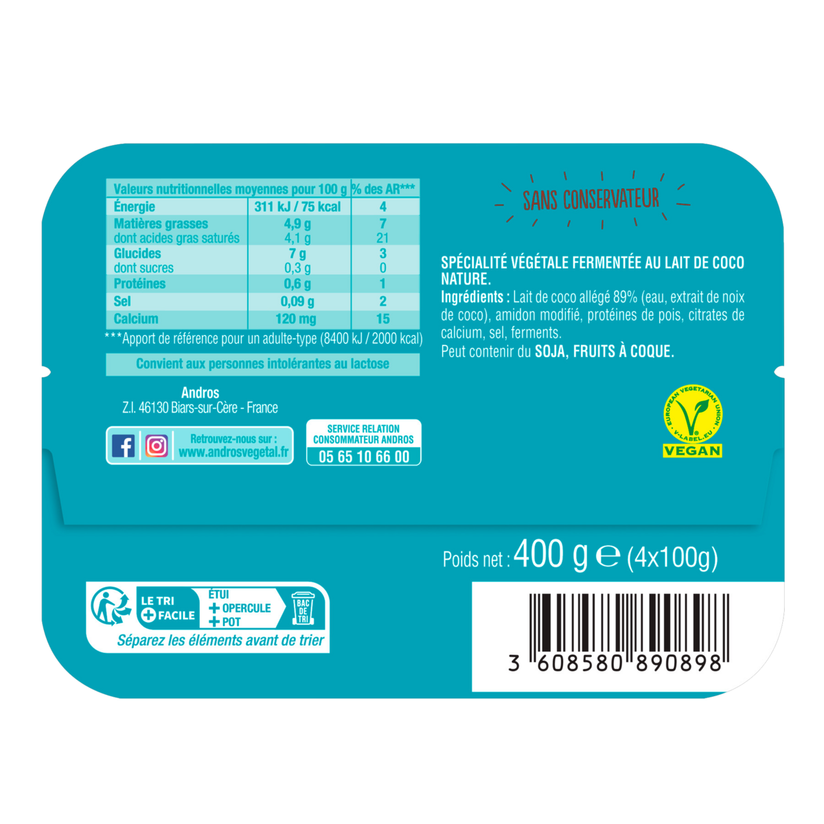 ANDROS Gourmand & Végétal Dessert brassé au lait de coco nature 4x100g