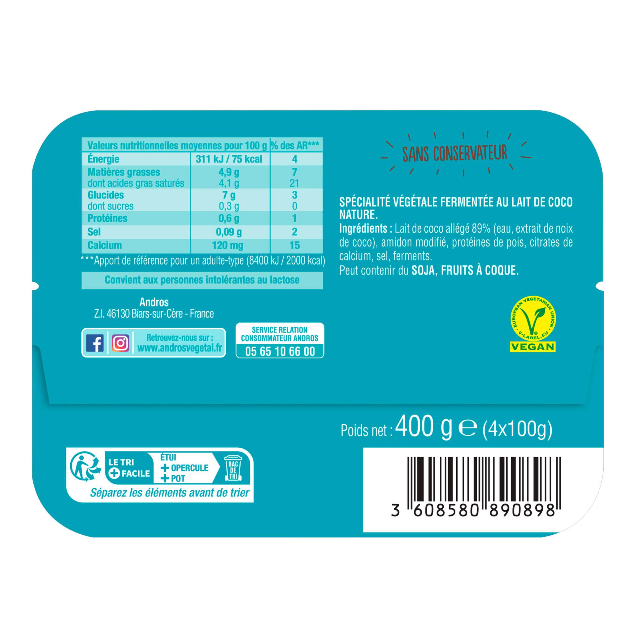 Voir la diapositive 5 : ANDROS Gourmand & Végétal Dessert brassé au lait de coco nature 4x100g