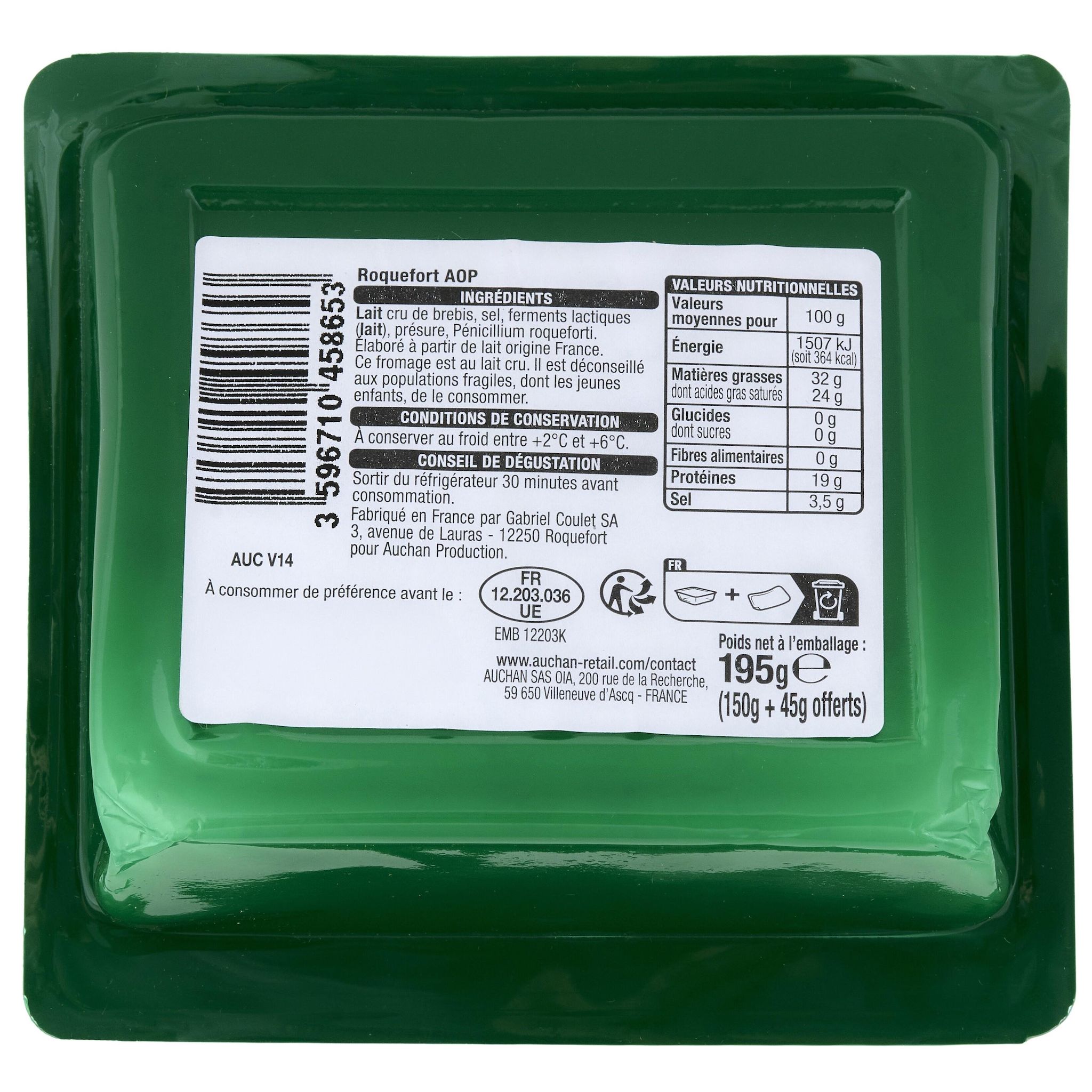 Voir la diapositive 4 : AUCHAN CULTIVONS LE BON Roquefort AOP 195g