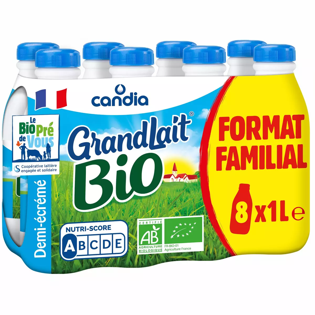 CANDIA Grandlait - Lait demi-écrémé UHT bio 8x1l