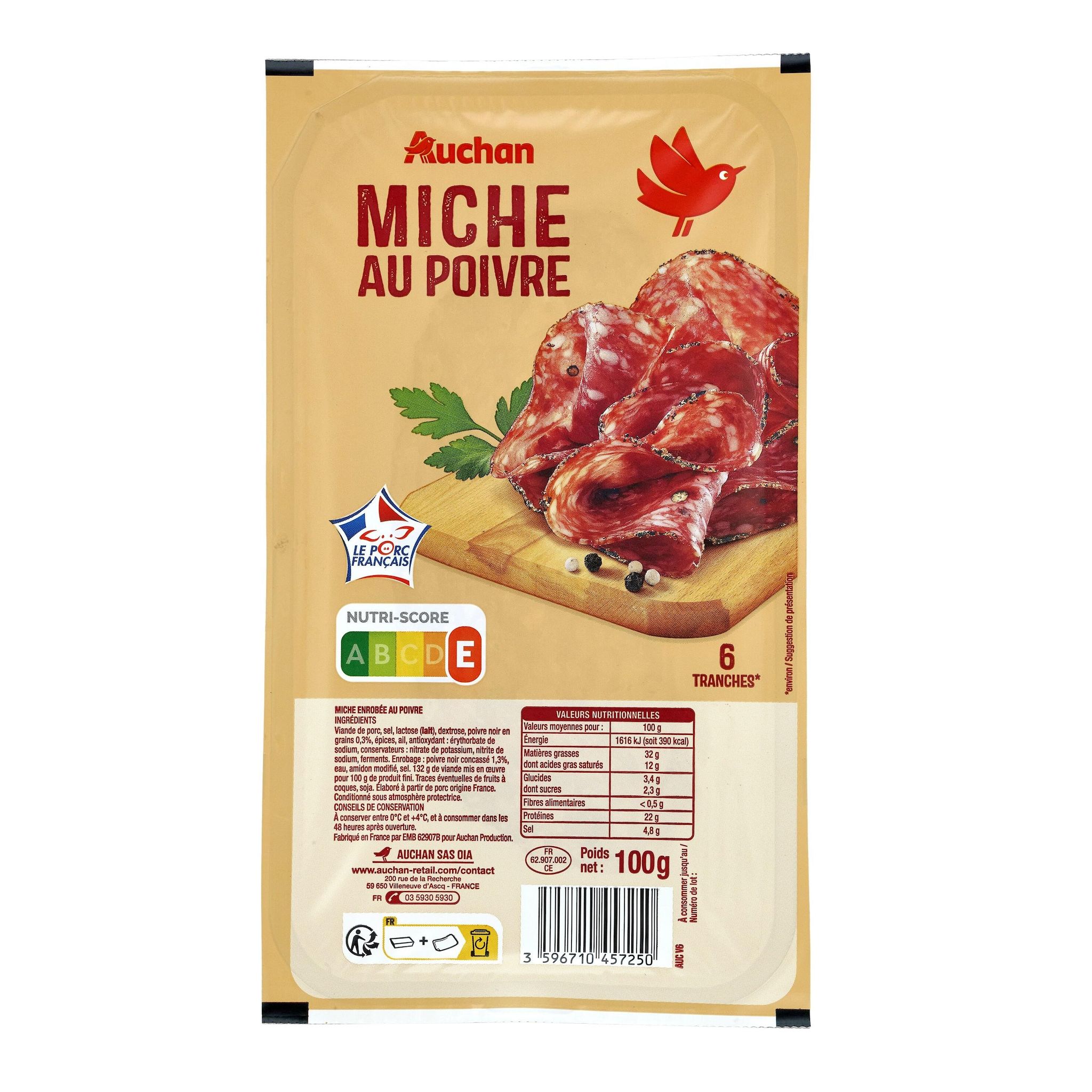 Voir la diapositive 2 : AUCHAN Miche au poivre 6 tranches 100g