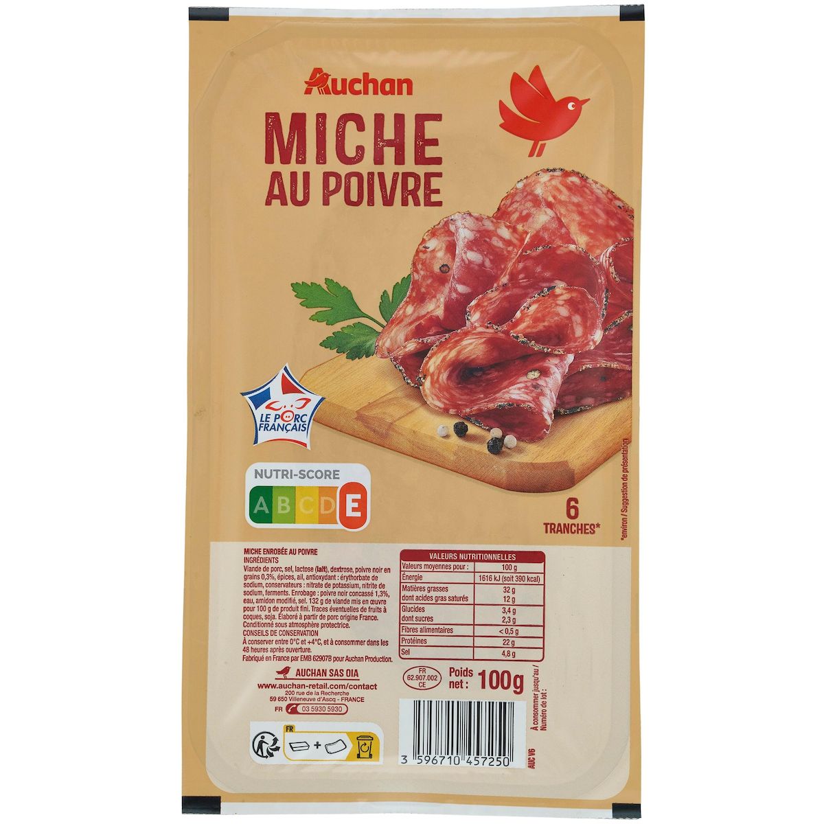 AUCHAN Miche au poivre 6 tranches 100g
