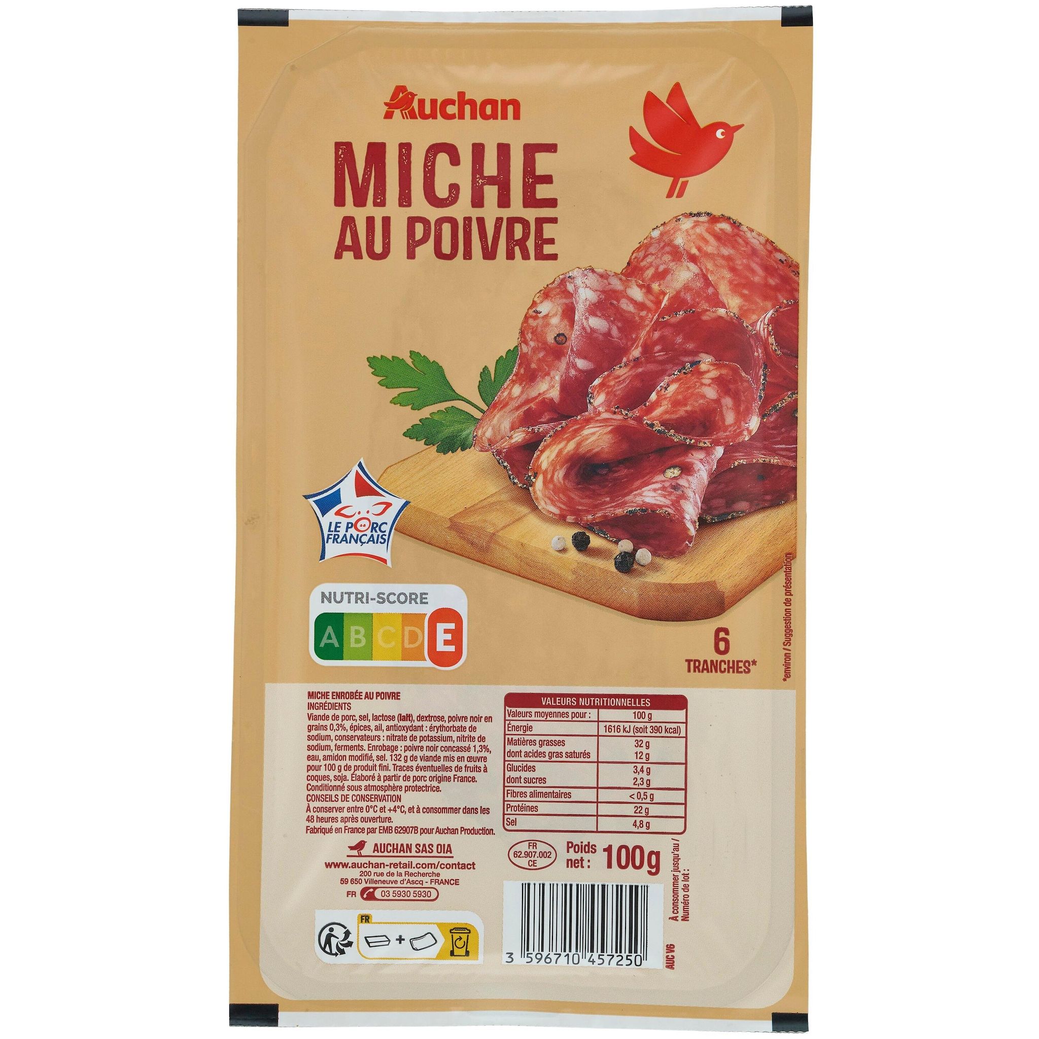 Voir la diapositive 4 : AUCHAN Miche au poivre 6 tranches 100g