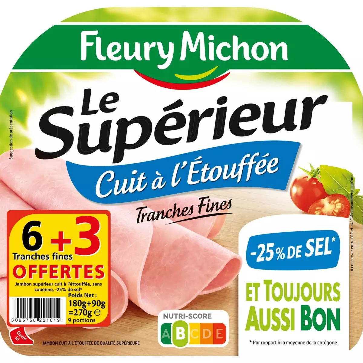 FLEURY MICHON Le supérieur jambon cuit à l'étouffée sel réduit 6 tranches fines+ 3 offertes 270g