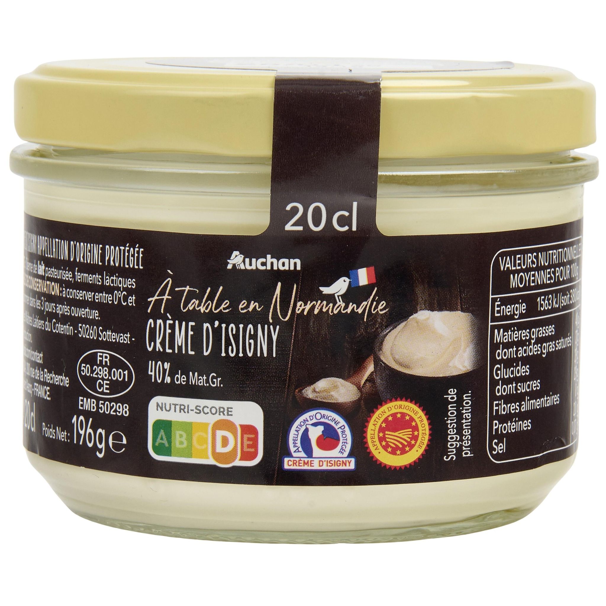 Voir la diapositive 2 : AUCHAN TERROIR Crème fraîche épaisse d'Isigny AOP 40%MG 20cl