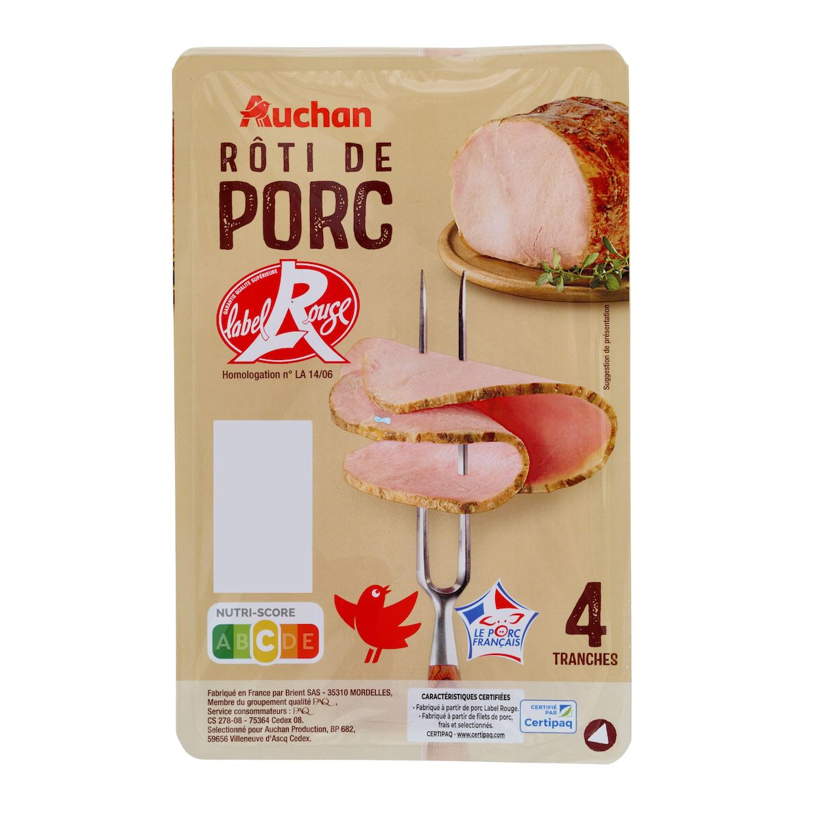 AUCHAN Rôti de porc label rouge 4 tranches 160g